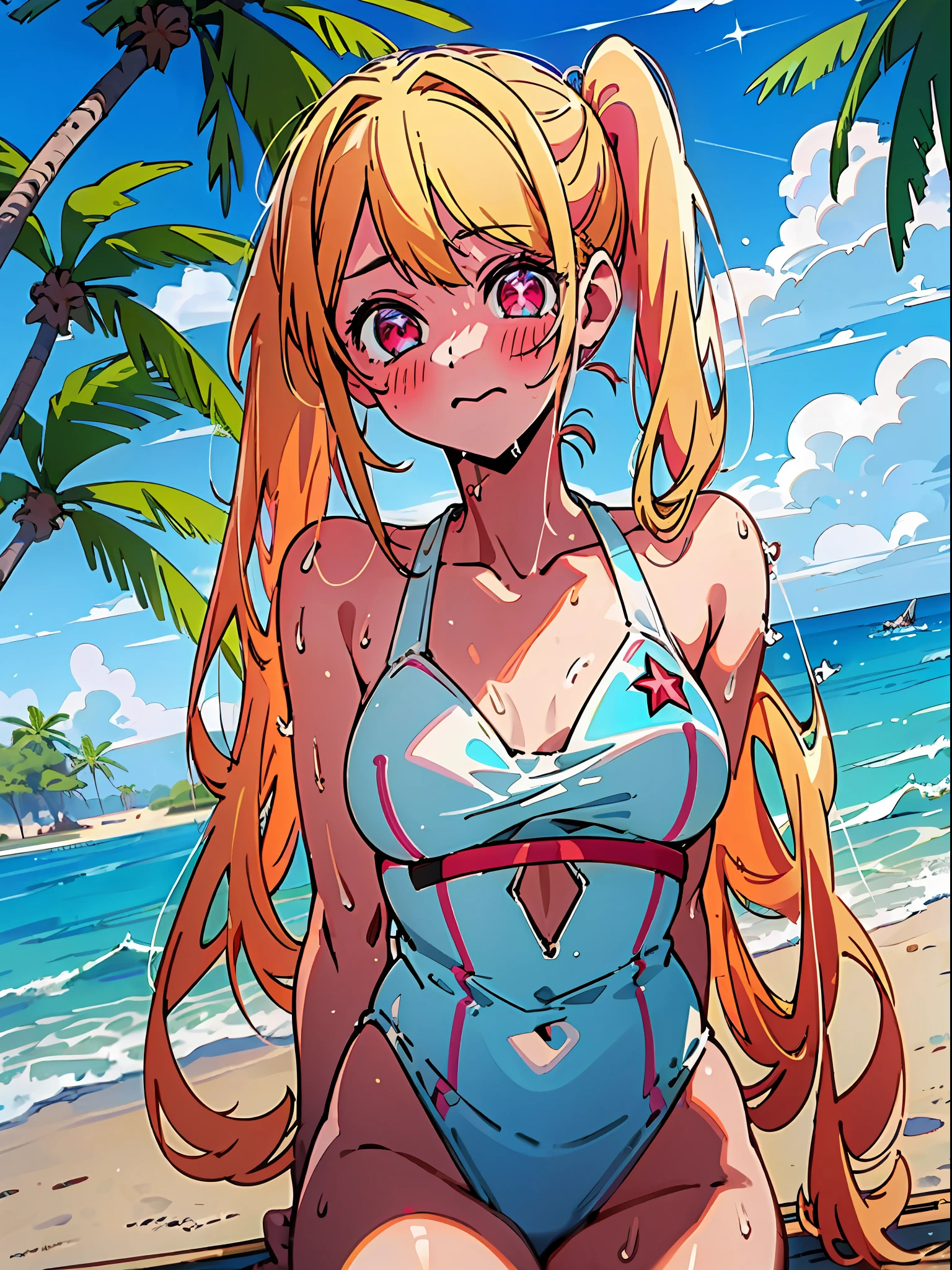 1girl (masterpiece) (best quality)(shiny hair)(shiny skin), Ruby Hoshino, swimsuit, white swimsuit, 1 girl, Solo, Ruby Hoshino, Symbol-shaped pupil, (Left star pupil:1.2), Sparkly eyes, (Left star: 1.2), Symbolic eyes, Red eyes, Long hair, Blonde hair, Bangs, Blush, (Side ponytail: 1.1), (Beach, palm trees), Beach, clear water, ( blue sky, cumulonimbus), (island), (hibiscus), (wet skin: 1.2)