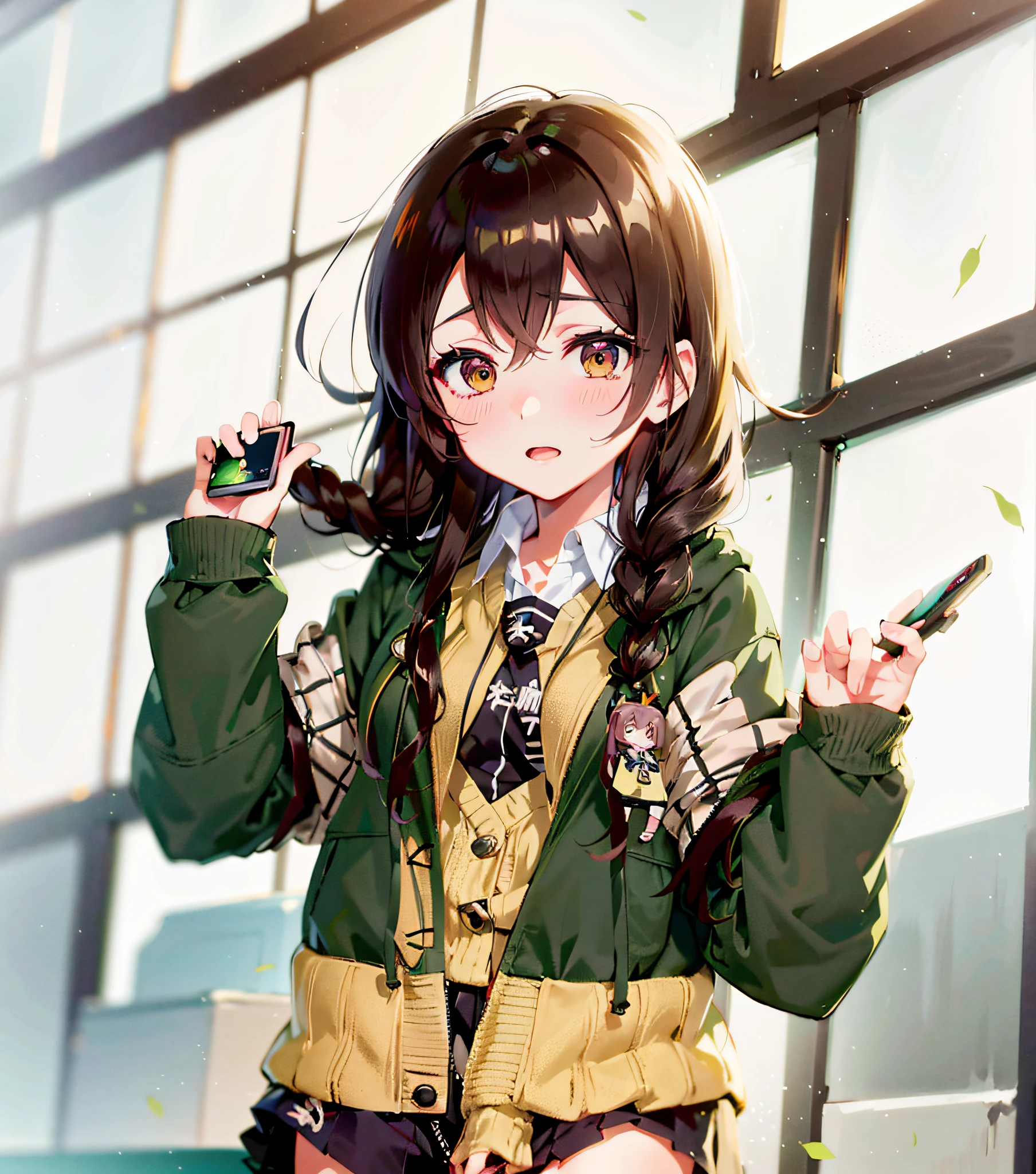 anime character with long black hair and green jacket holding a cell phone, anime moe artstyle, kantai collection style, anime visual of a cute girl, marin kitagawa fanart, black haired girl wearing hoodie, wataru kajika, chiaki nanami from danganronpa, shirabii, rena nounen style 3/4