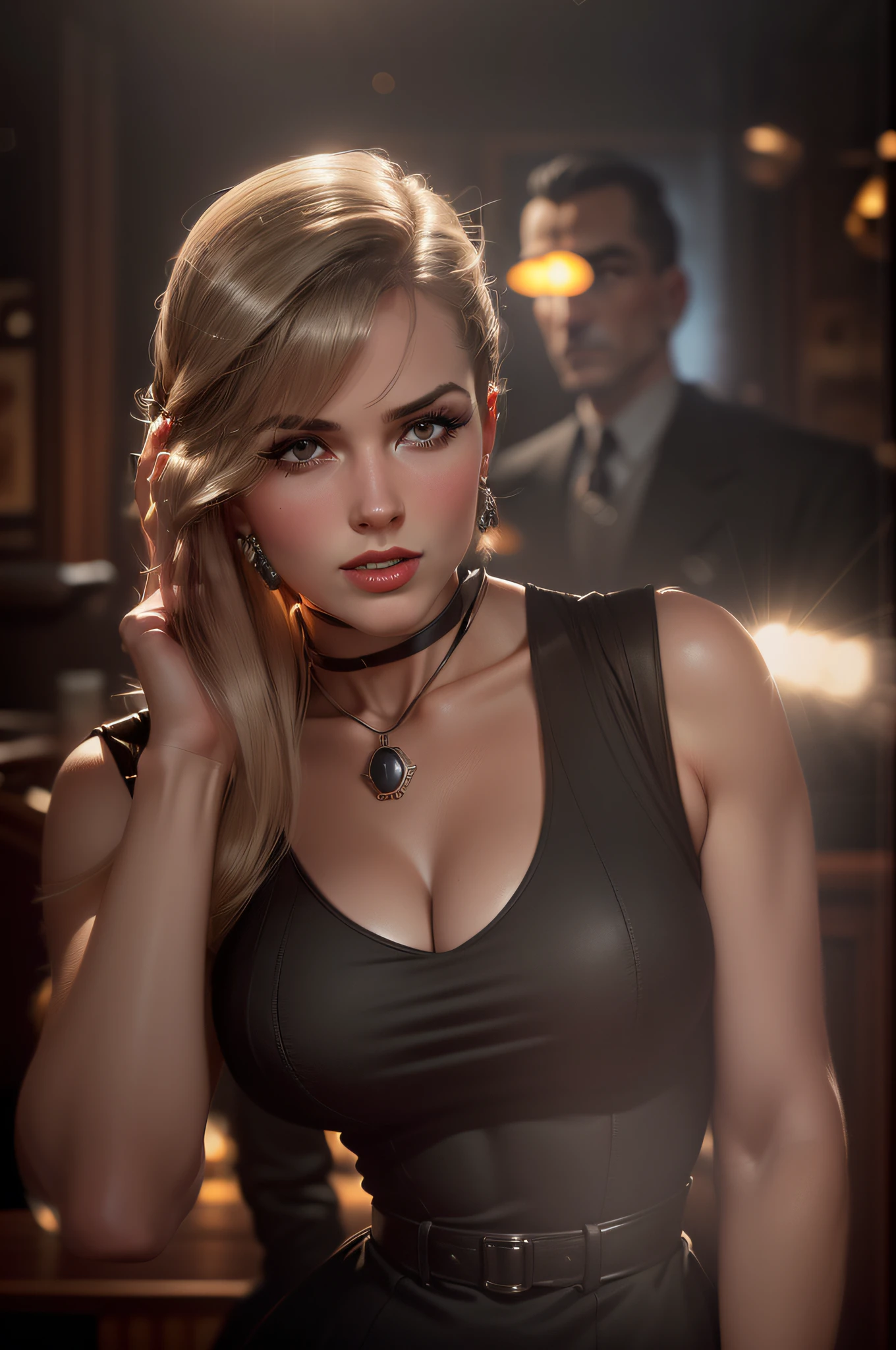 stylized half-body portrait in a 1940s dress, highly detailed: 1.3), (highly detailed face: 1.8), (slim body, volumusy breasts: 1.5), (background inside a dark, old 1940s big band bar: 1.4), (soft studio lighting, volumetric shadows) --auto --s2