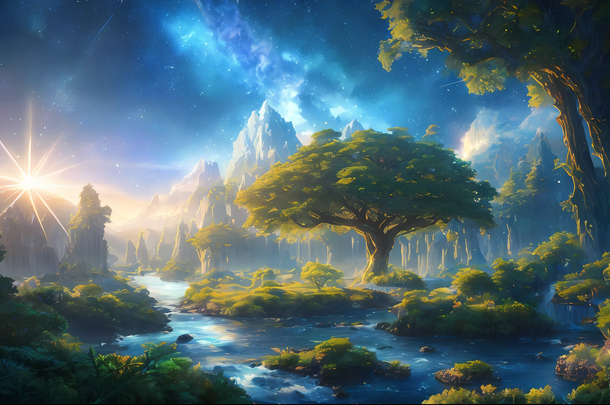Illustration of a hyperrealistic , otherworldly, ultrasky scene featuring a giant crystal tree full body,very detailed and magical lighting, intricate forest details, vegetation and river around, solarpunk ,landscape, giant tree, beatifull leafy with beautiful lighting and realistic proportions, as if it were a cinematic background, 8k, highest quality, masterpiece, clouds and stars in the sky.