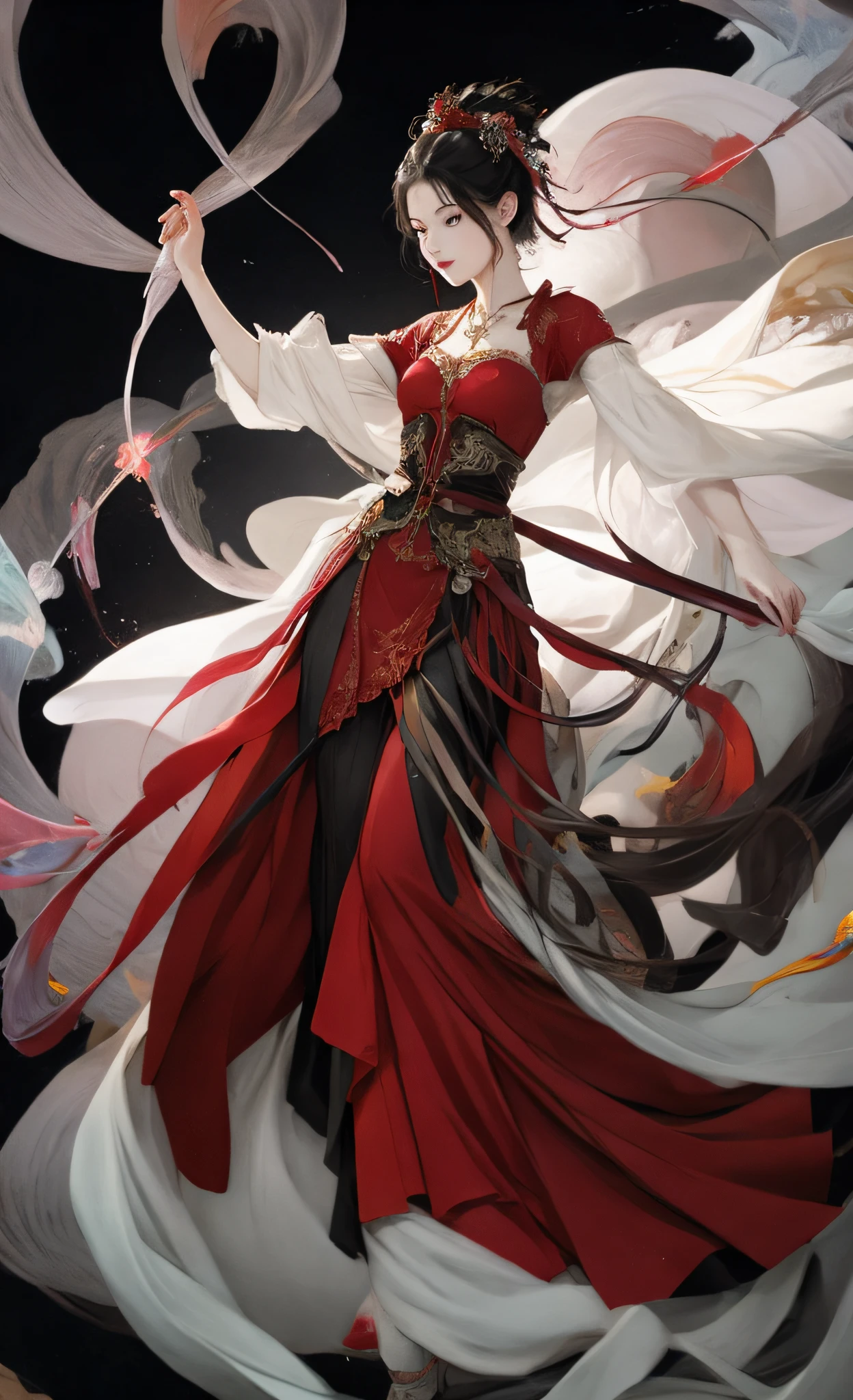 fantasy art, photo realism, dynamic lighting, art stand, poster, volumetric lighting, very detailed faces, 4k wallpaper, award-winning, a girl, red clothing, full body, sunlight, clear face, clean white background with fluttering petals on background, masterpiece, super detail, epic composition, ultra hd, high quality, extremely detailed, official art, super detail,