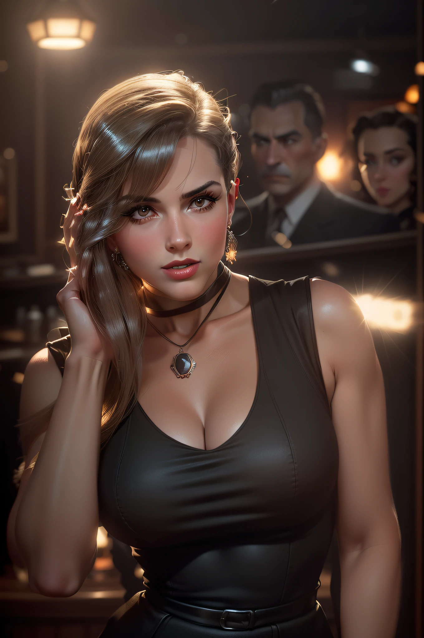 stylized half-body portrait in a 1940s dress, highly detailed: 1.3), (highly detailed face: 1.8), (slim body, volumusy breasts: 1.5), (background inside a dark, old 1940s big band bar: 1.4), (soft studio lighting, volumetric shadows) --auto --s2