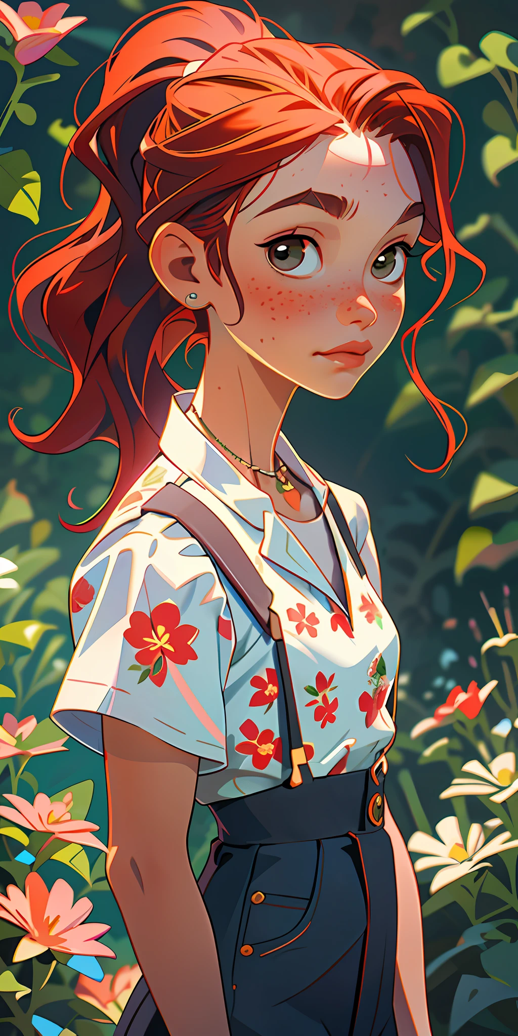 (masterpiece, best quality), 1girl, collarbone, wavy hair, looking at viewer, blurry, upper body, necklace, suspenders, floral print, ponytail, freckles, red hair, sunlight,