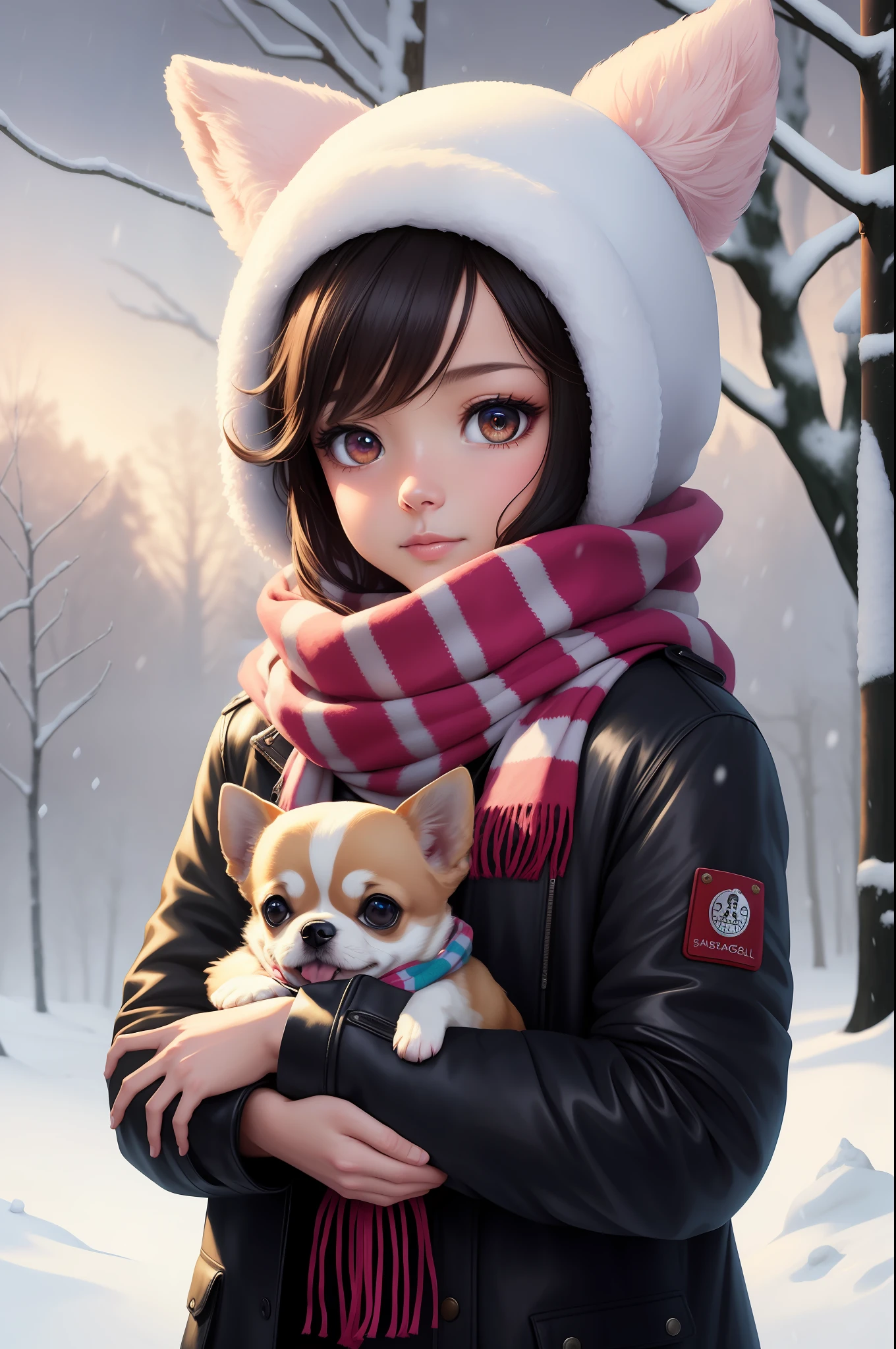 Style-NebMagic, Portrait of a round fluffy baby chihuahua DOG wearing a scarf made of Style-SylvaMagic in the snow, by Ismail Inceoglu, Gazelli, James Jean, Anton Fadeev and Yoshitaka Amano, insanely detailed, 8k resolution, digital art, trends in fashion arts station, vibrant colors, chibi style, a masterpiece, adorable and friendly