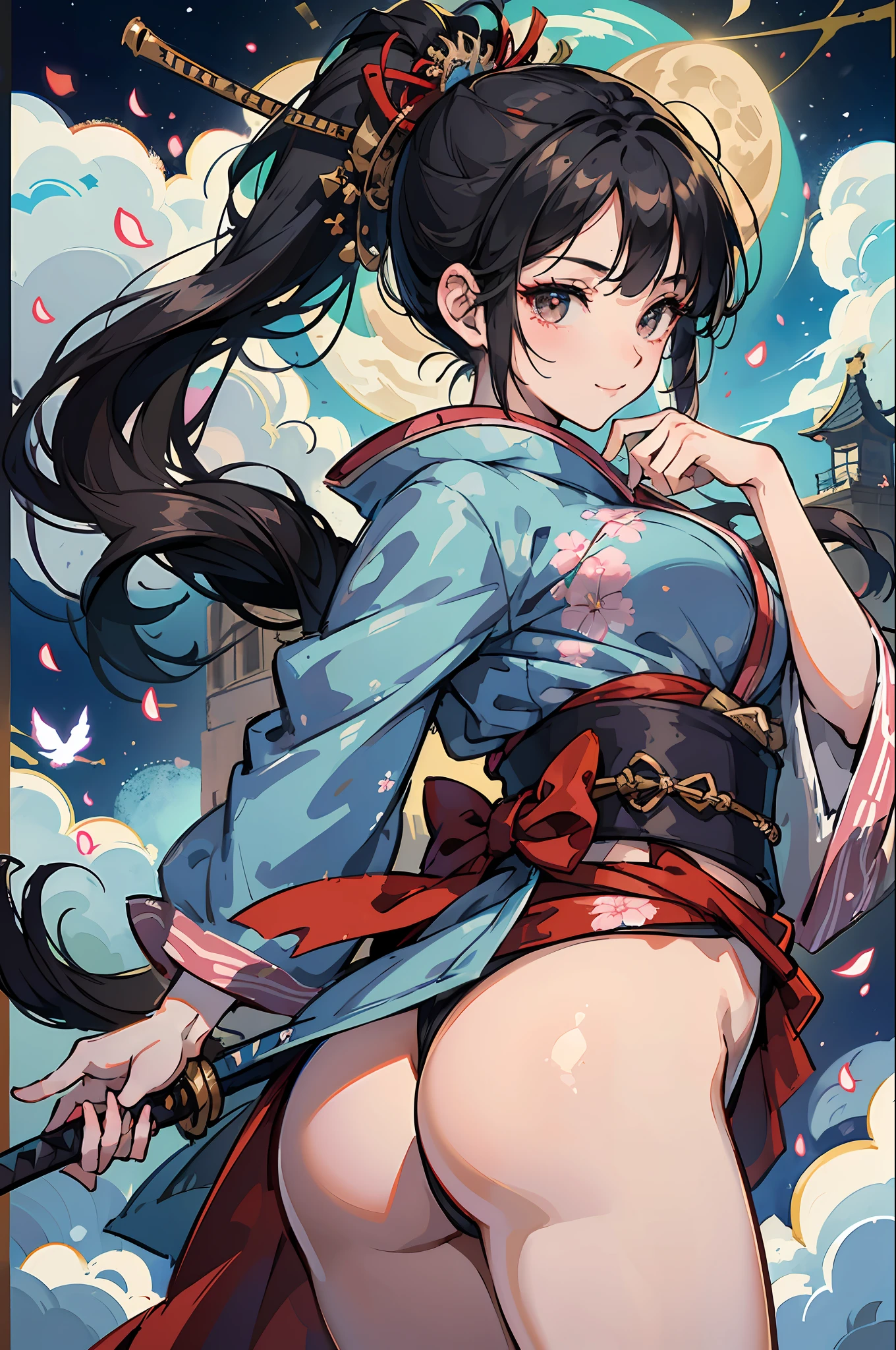 Masterpiece, super high quality, super detail, perfect drawing, CG, 3D, 8k, illustration, beautiful face girl, one Japan beautiful girl, samurai costume, kimono, kimono, hakama, black hair, ponytail, large red ribbon, equipped with two Japan swords on the left waist (120cm sword, wakizashi 90cm), Japan armor, back of hand, bowl metal (bowl roll with metal plate on the forehead), hanging eyes, cute, dignified and cute expression, cute smile, hands on sword hilt, round cute buttocks, turn around with a smile, butt sticking out pose, 3 sizes B90W60H95, moonlight leaking from the clouds, old castle, ruins, gradient sky, beautiful girl in loincloth Japanese clothes Shirtless Rich breasts Back appearance Cute Well-formed face Loli big ass Look back with a cute smile MeasurementsB95W60H90, master-piece, hyper quality, hyper detailed,perfect drawing,solo, brilliant, beautiful, majestic, elegant, glittering, flower and bird wind moon, fantastic, passionate, dynamism, sense of speed, quaint masterpiece, super high quality, super detail, perfect drawing, cg, 3d, 8k, illustration --auto --s2