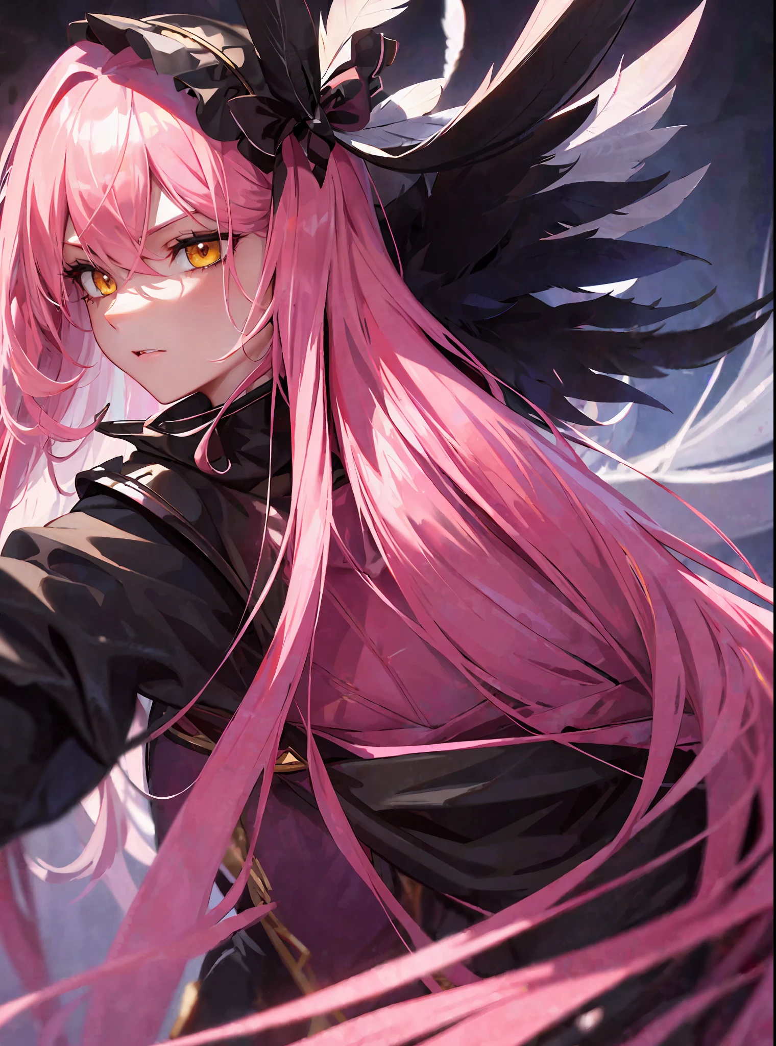 (masterpiece, best quality) an adult woman with very long pink hair, ((black feathers)), ((close-up)), cleavage, ((hood)), black ribbons, pink leather, (profile picture), black bows, bodysuit, cold look, queen, good anatomy, correct proportions, torn clothes, queen, yellow eyes, serious, mysterious appearance, blood, emotionless, straight bangs, very long pink hair, evil, (yellow eyes), gothic, medium chest, ((show from chest to head)), cinematics, color oil painting, solo, cinematic lighting, extremely detailed face, finely detailed face, beautiful face, beautiful eyes, perfect lighting, depth of field, realistic proportions, good anatomy