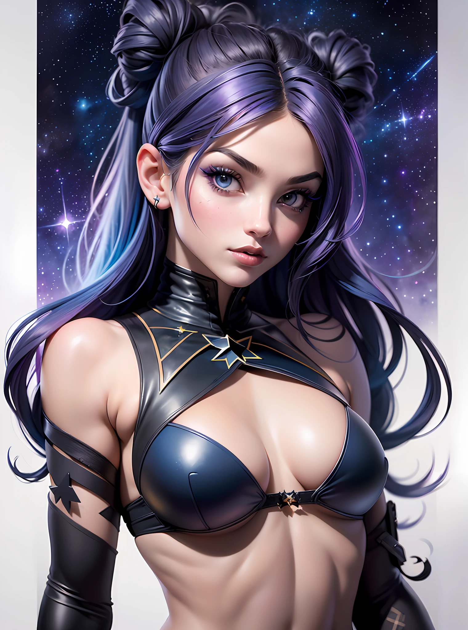 ((Best Quality)), ((Masterpiece)), ((Realistic)) and watercolor drawing of a girl with goth colors. She has ((starlight hair)), wears a (small black micro-thong:star motif ) , ((beautiful and aesthetic)), muscular fit body abs, sexy, under-boobs, hot, (star filled sky background) (clear background:1.35), (particles ,firefly, blue glowing):1.3,