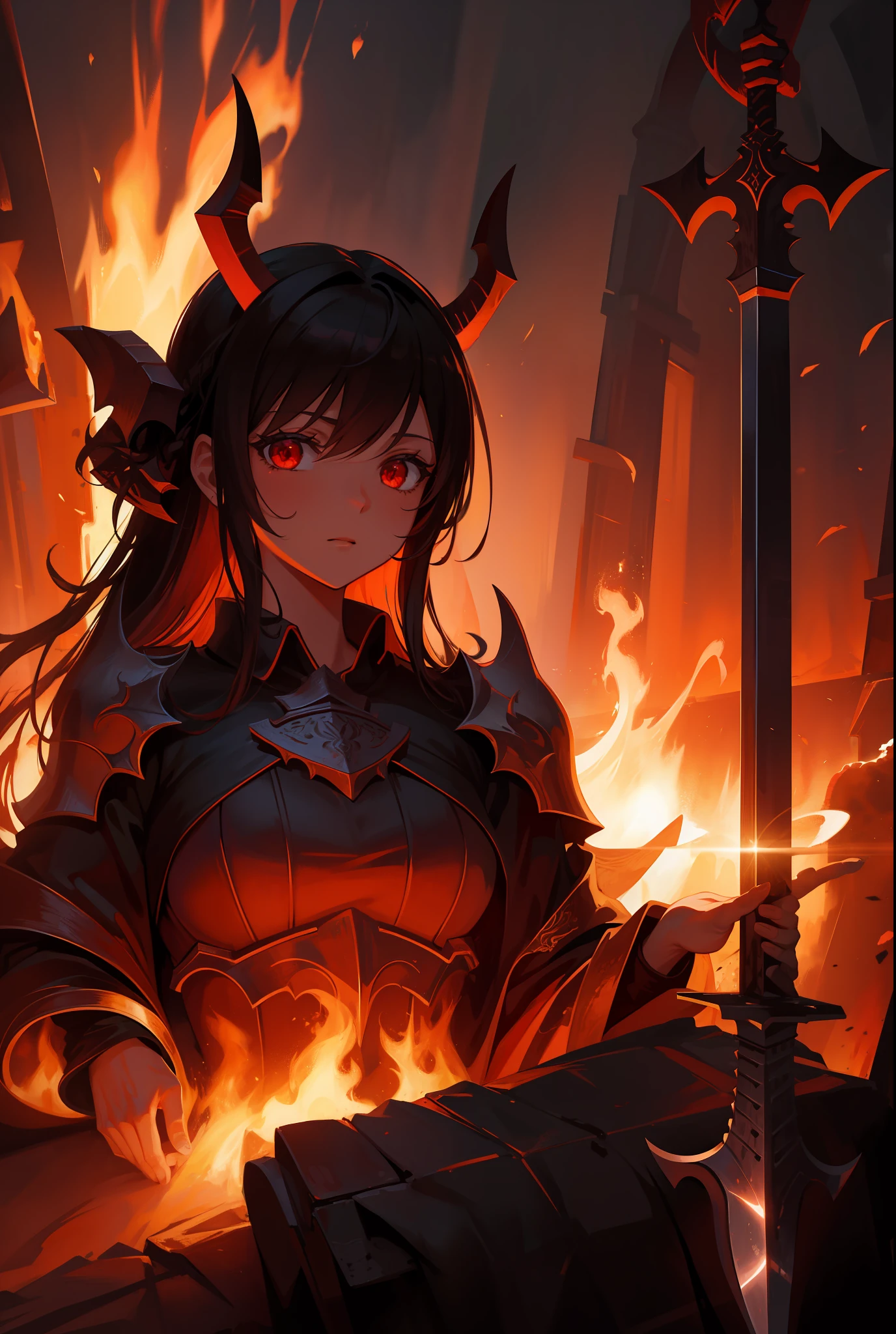 Masterpiece, Excellent, Illustration, 8K Resolution, Cinematic Light, Hell, Demon, Girl, Knight, Sword, Firelight