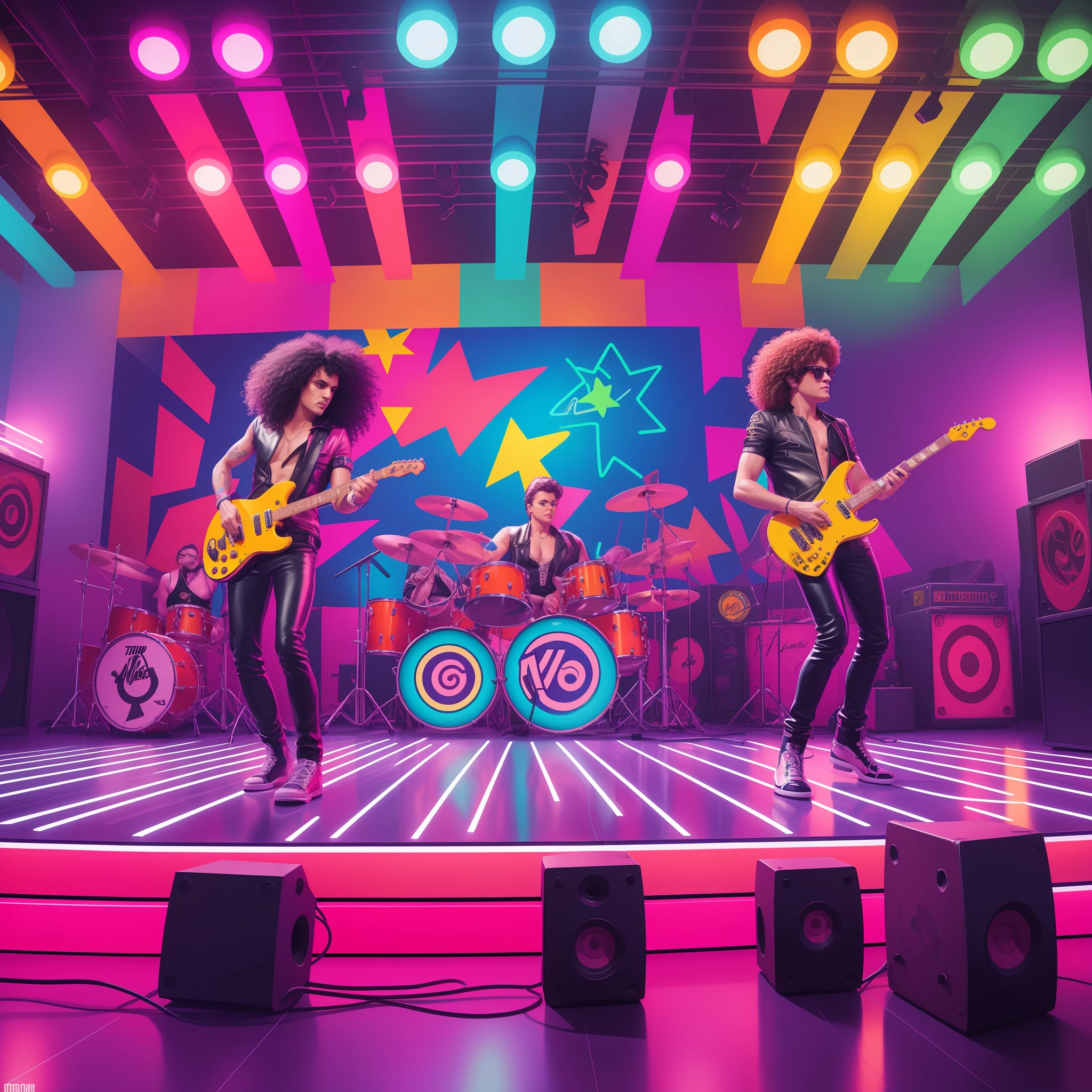 The image highlights a rock band playing on a stage in stylized '80s costumes. The band members wear tight leather outfits, with long, curly hair and shiny electric guitars. The stage is illuminated by bright neon lights, creating a vibrant and energetic atmosphere. The band members are in full action, playing with passion and intensity. The image is composed of a series of neon lights in vibrant colors, creating a kaleidoscope effect around the band. The music is loud and powerful, creating a sense of excitement and adrenaline. The artistic medium is digital painting, focusing on capturing the aesthetics and atmosphere of the 80s. The artists and illustrators who could collaborate on this scene are: Patrick Nagel, Keith Haring and the pop-art movement.