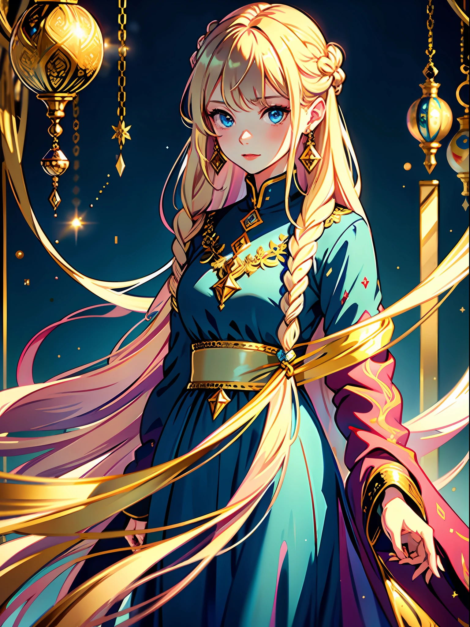 (best quality, masterpiece), portrait, 1 girl, alone, (blonde hair, long, with ornaments), (blue eyes), fine earrings (long dress, long sleeves, pink with gold details) (luxurious background)