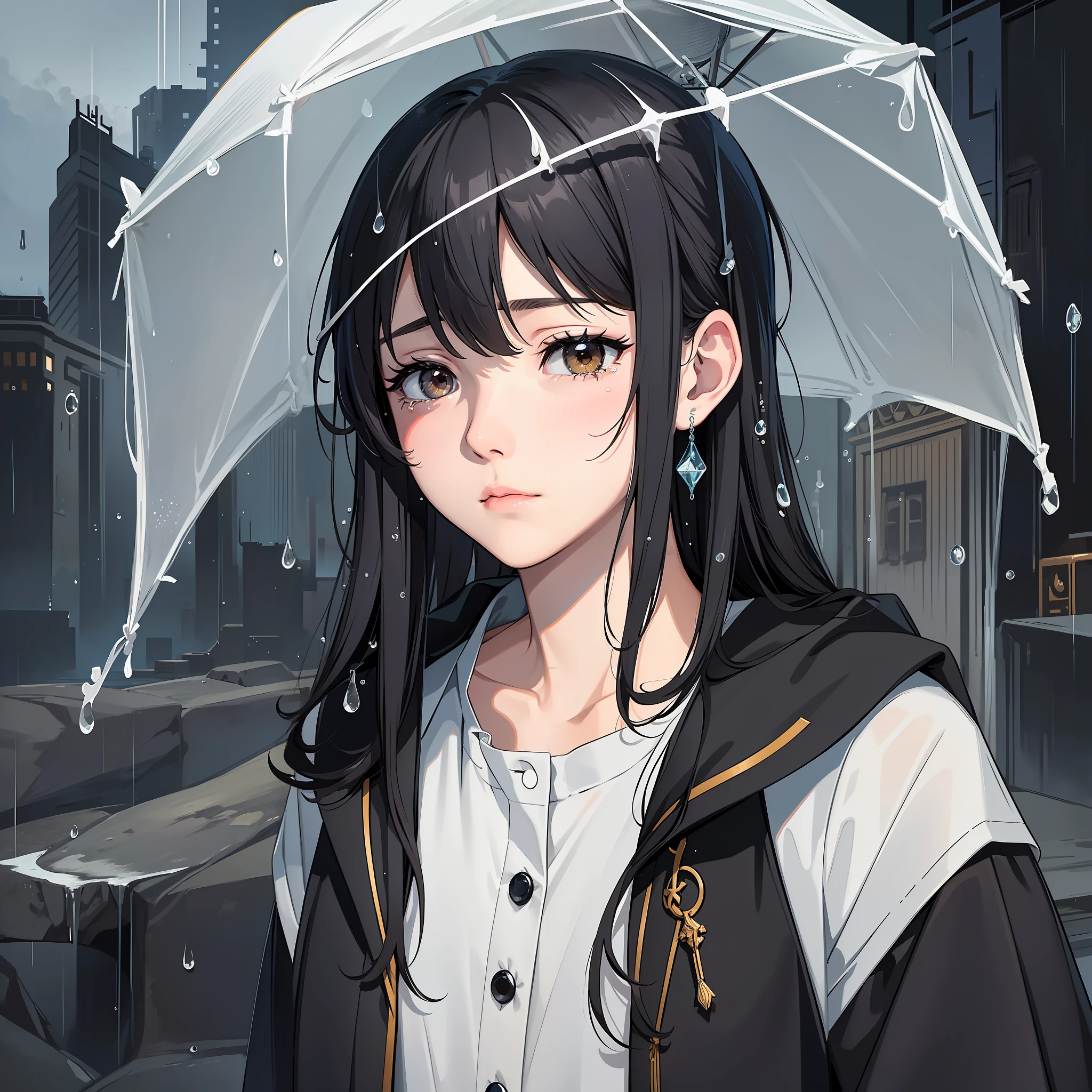 (masterpiece, best quality, high-resolution), an extremely delicate and emotional portrayal of a melancholic, lone boy, with tears in his eyes; his hair disheveled in the wind, and his clothes dripping wet from the rain. The wide shot captures the desolate, rainy landscape and the dimly lit cityscape in the background, while the use of muted colors and grainy texture adds to the overall atmosphere of loneliness.