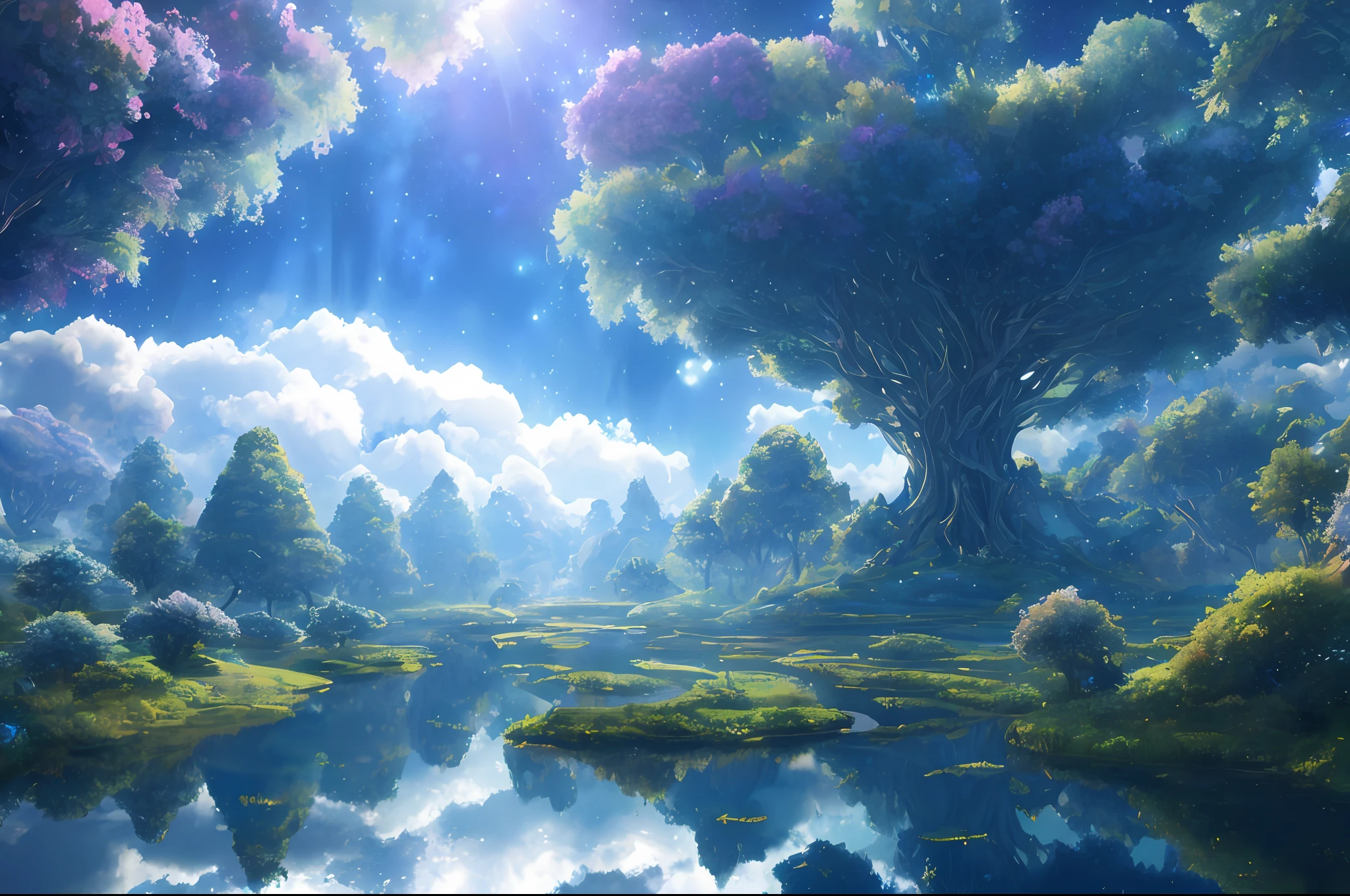 Illustration of a hyperrealistic , otherworldly, ultrasky scene featuring a giant crystal tree full body,very detailed and magical lighting, intricate forest details, vegetation and river around, solarpunk ,landscape, giant tree, beatifull leafy with beautiful lighting and realistic proportions, as if it were a cinematic background, 8k, highest quality, masterpiece, clouds and stars in the sky.