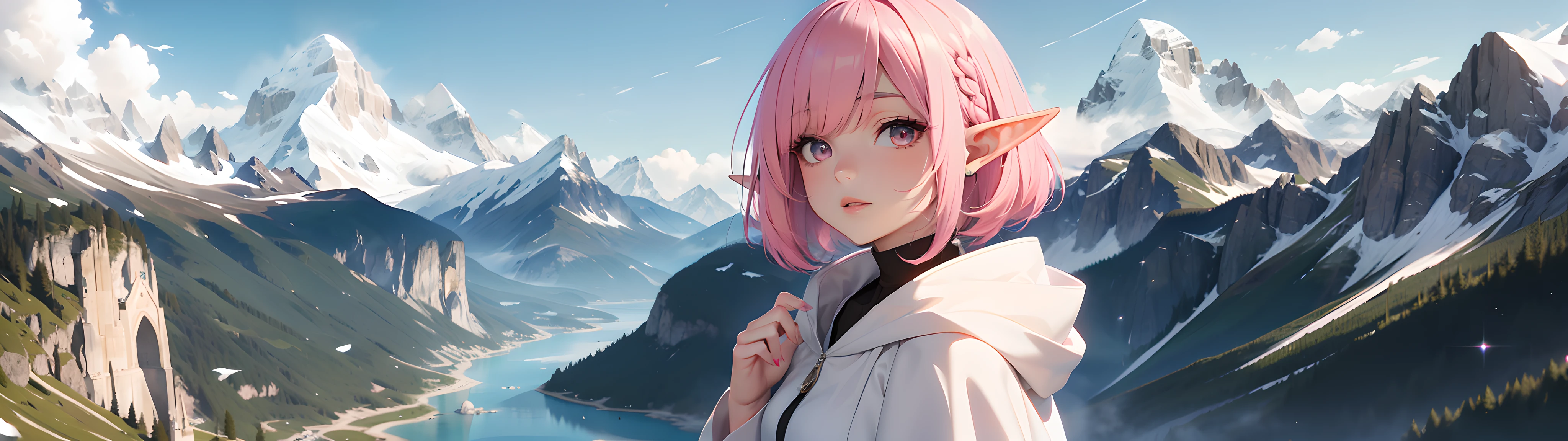 "(Ultra High Quality),(Ultra High Definition),(Superb Masterpiece),(Elf Woman with Beautiful Pink Bob Hair: 1.3)", 158cm Tall, (White Cloak: 1.2), Beautiful Eyes, ((View) Alpine Peak)", Long Shot
