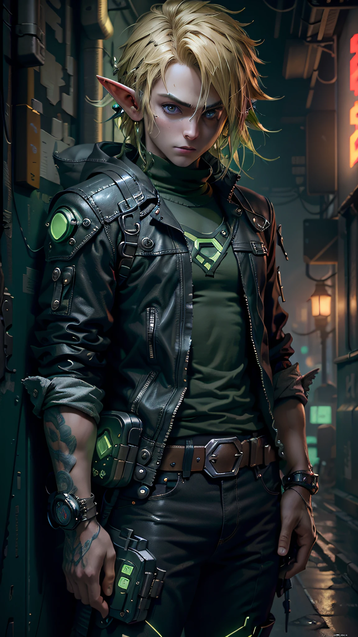 ultra detail, high resolution, ultra detailed, best quality, amazing, top quality, extremely detailed CG 8k wallpaper unit, cinematic lighting, Zelda cyberpunk link, cyberpunk, dark boy, green clothing, green armor, neon berde, blond hair, elf