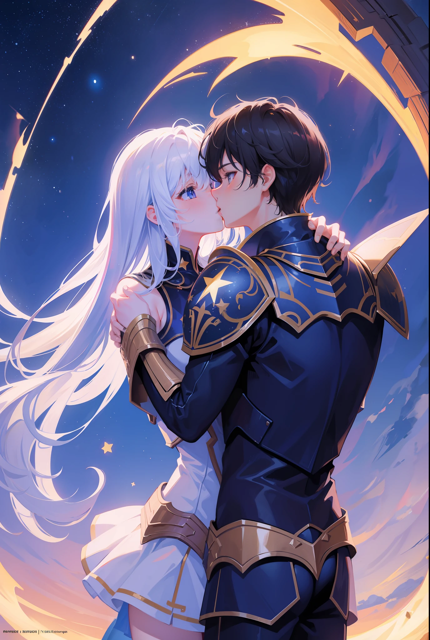 Masterpiece, Awesome, Illustration, 8K resolution, cinematic light, girl, boy, kiss, hug, armor, stars, love, dazzling
