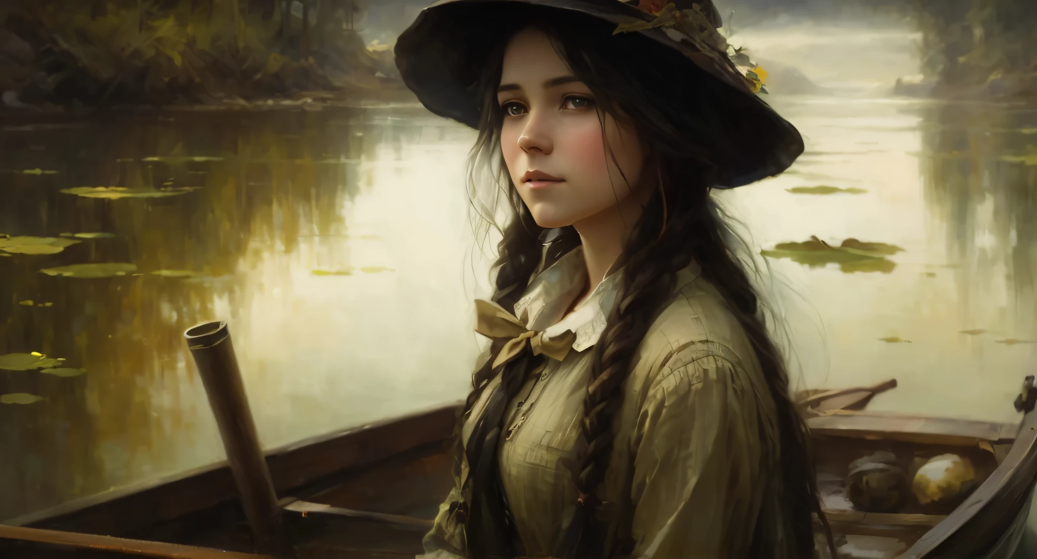 there is a woman in a hat and dress in a boat, beautiful character painting, morgan weistling, artwork in the style of guweiz, fantasy genre portrait, danile gerhartz, oil on canvas. cinematic, inspired by Daniel F. Gerhartz, wlop painting style, detailed painting 4 k, oil painting 4 k, oil painting 4k