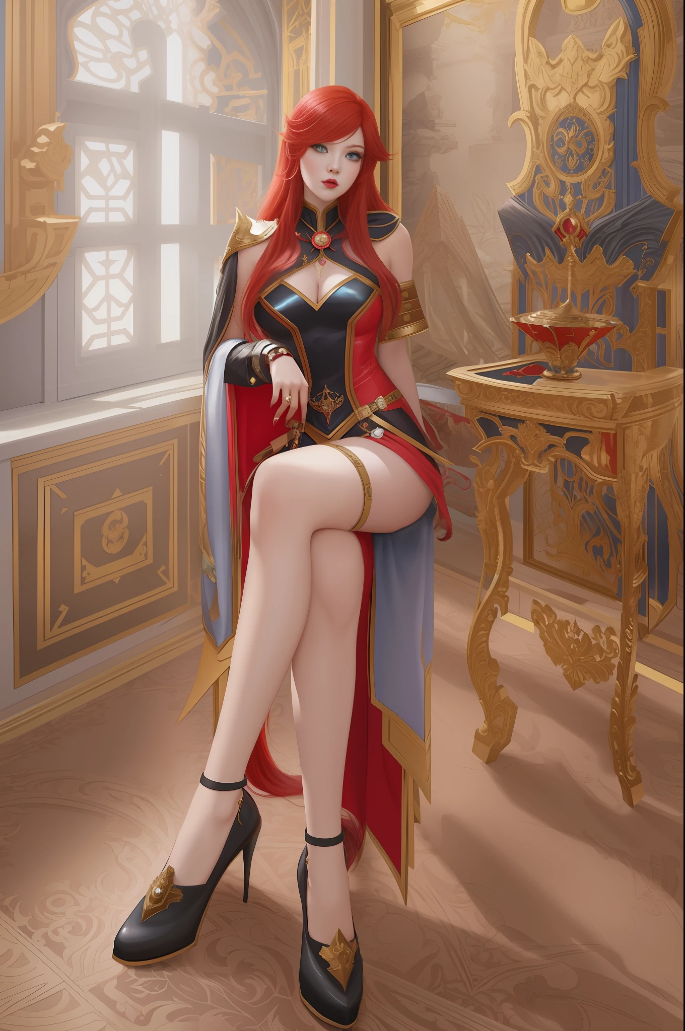 there is a woman sitting in a chair in a room, miss fortune league of legends, miss fortune, red haired goddess, artwork in the style of guweiz, digital art of an elegant, in a throne room, in the art style of bowater, inspired by Gustaf Tenggren, baroque digital painting, inspired by Charles Gleyre