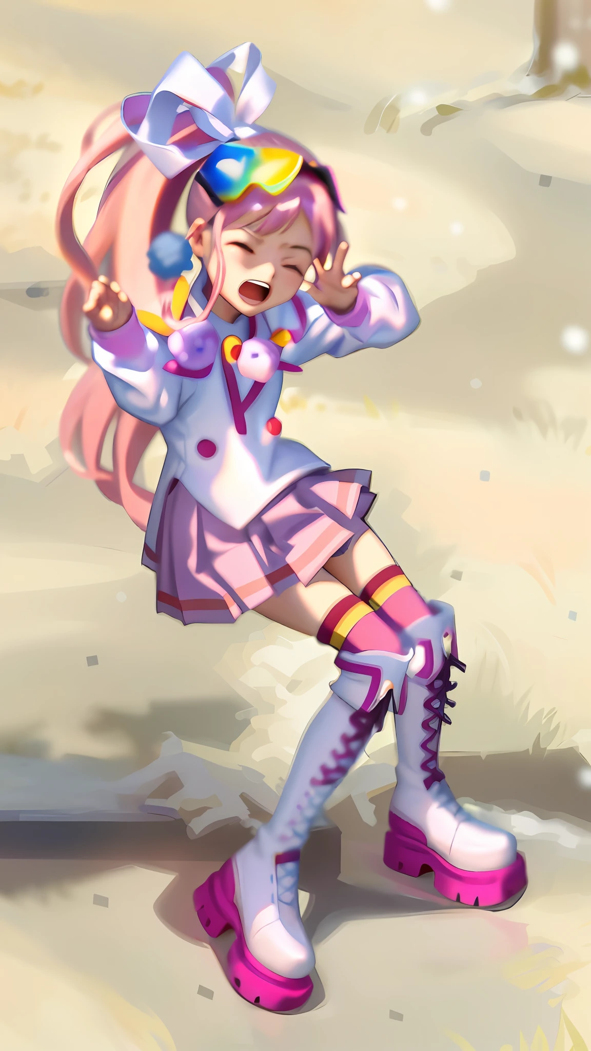 (Masterpiece: 1.5), (Best quality: 1.5), 8k,1 girl, eyes closed, mouth open, screaming, pink hair, single ponytail, white top, pink pleated skirt, pink over-the-knee socks, white boots, (snow: 1.5)