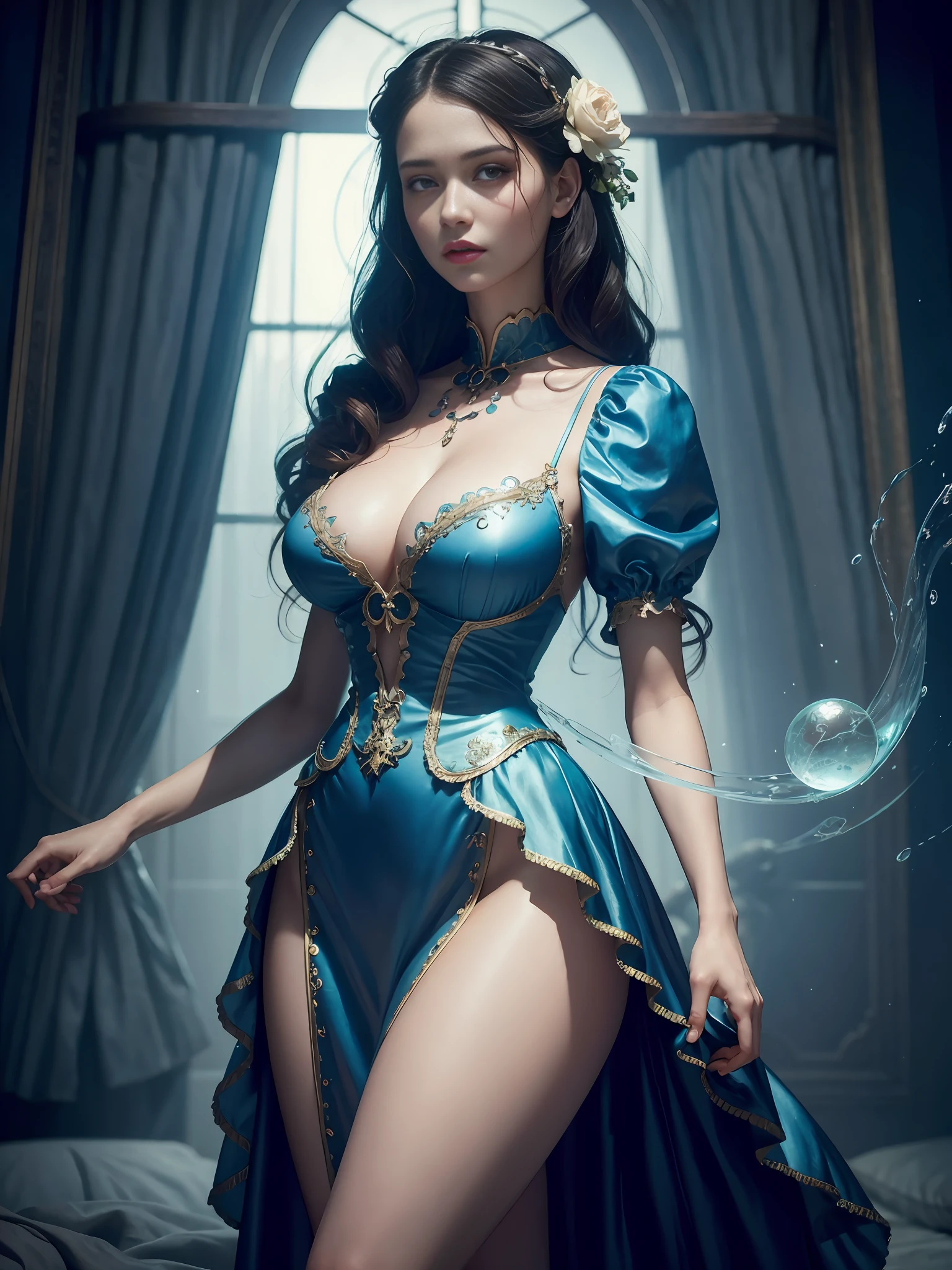 A woman in a dress, big breasts, 3D magical details, James Jean Soft Light, 4K, Yuri Schvedorf and Tom Bagshaw, beautiful digital artwork, Sylvain Sarrell and Igor Mosky