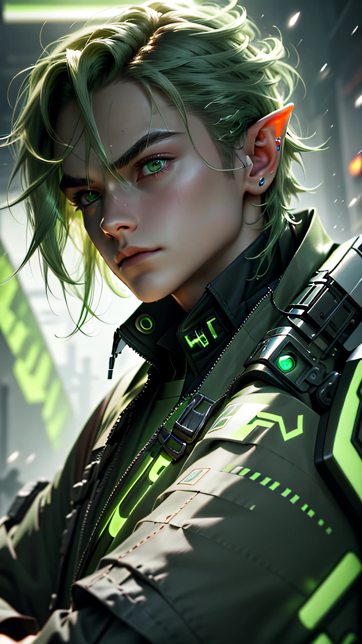 ultra detail, high resolution, ultra detailed, best quality, amazing, top quality, extremely detailed CG 8k wallpaper unit, cinematic lighting, Zelda cyberpunk link, cyberpunk, dark boy, green clothing, green armor, neon berde, blond hair, elf