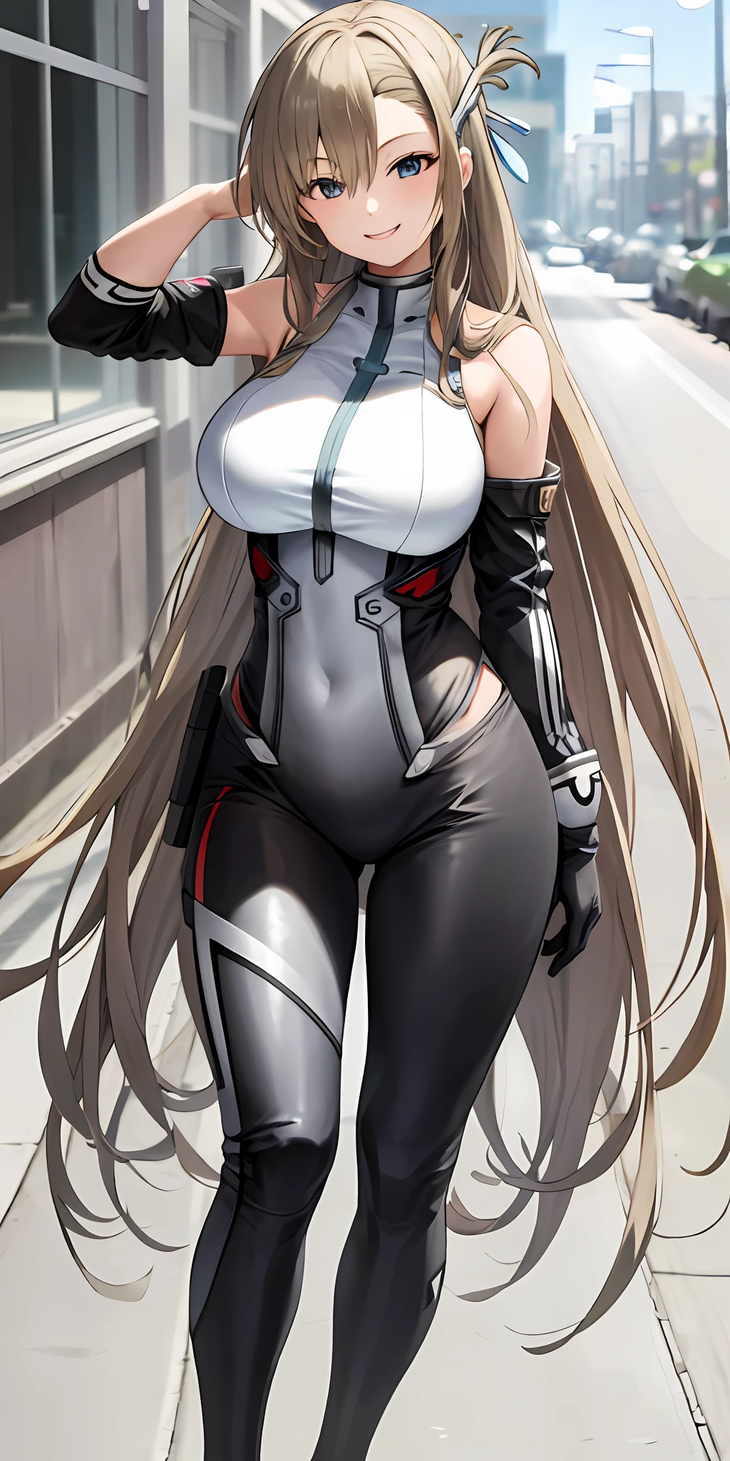 1girl, solo, asuna, long hair, large breasts, full bodysuit, standing, smiling