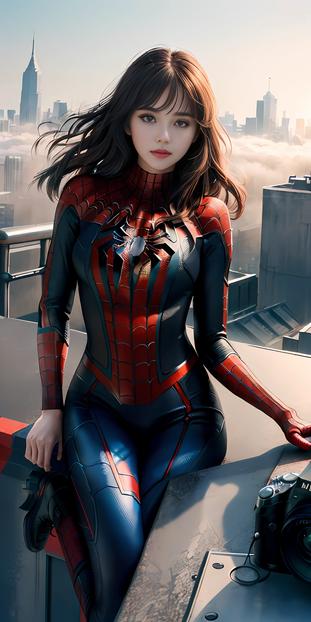 (1girl:1.3), Solo, (((Very detailed face)))), ((Very detailed eyes and face)))), Beautiful detail eyes, Body parts__, Official art, Unified 8k wallpaper, Super detailed, beautiful and beautiful, beautiful, masterpiece, best quality, original, masterpiece, super fine photo, best quality, super high resolution, realistic realism, sunlight, full body portrait, amazing beauty, dynamic pose, delicate face, vibrant eyes, (from the front), She wears Spider-Man suit, red and black color scheme, spider, very detailed city roof background, rooftop, overlooking the city, detailed face, detailed complex busy background, messy, gorgeous, milky white, highly detailed skin, realistic skin details, visible pores, clear focus, volumetric fog, 8k uhd, DSLR, high quality, film grain, fair skin, photo realism, lomography, futuristic dystopian megalopolis, translucent