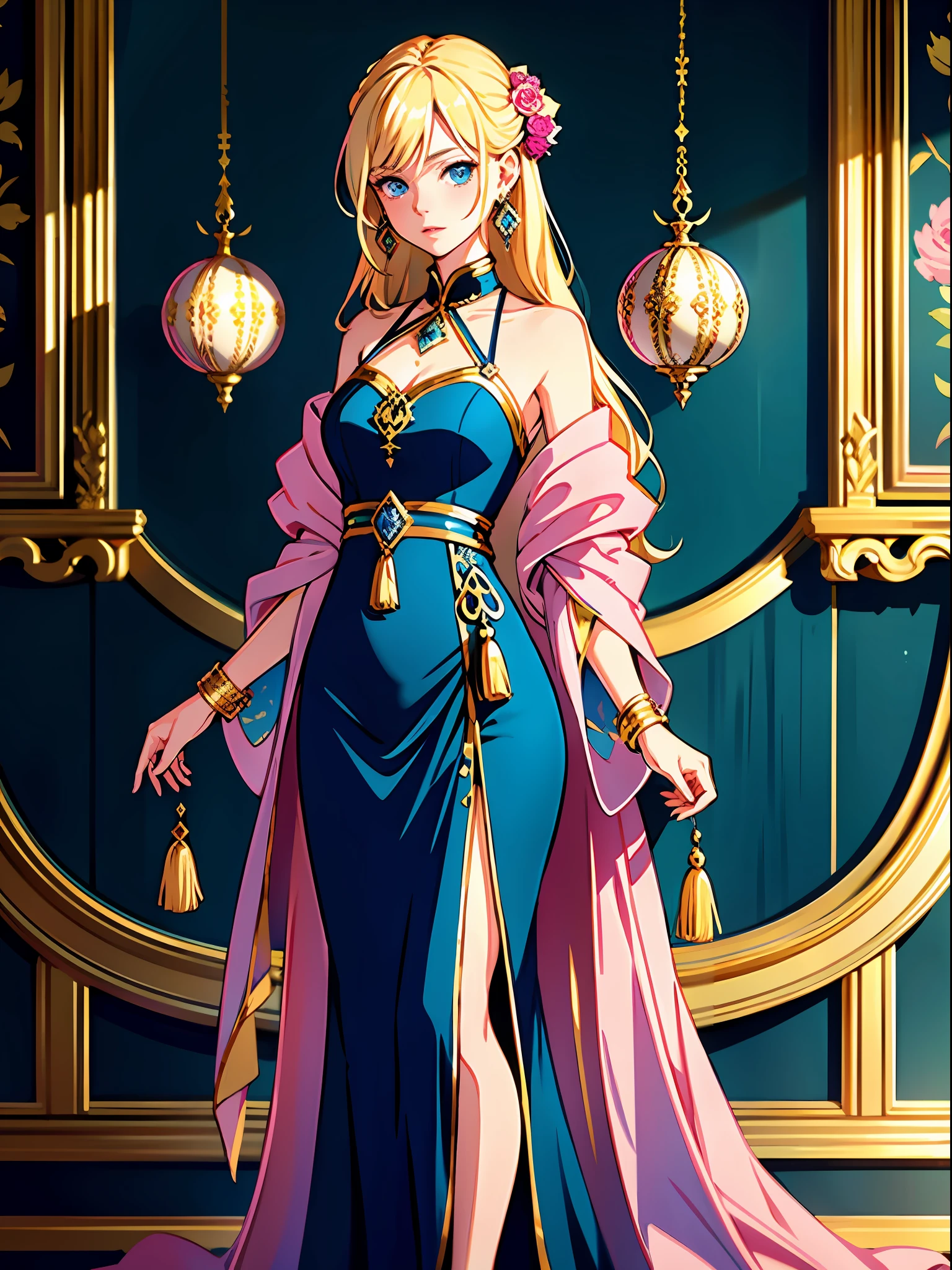 (best quality, masterpiece), portrait, 1 girl, alone, (blonde hair, long, with ornaments), (blue eyes), fine earrings (long dress, pink with gold details) (luxurious background)
