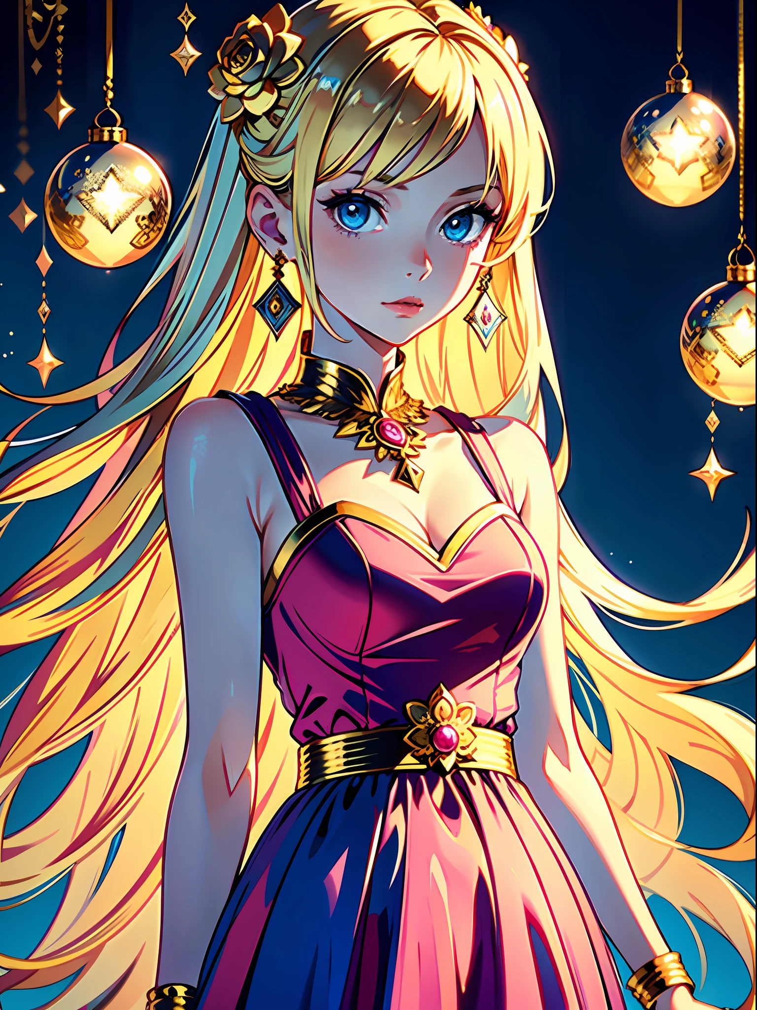 (best quality, masterpiece), portrait, 1 girl, alone, (blonde hair, long, with ornaments), (blue eyes), fine earrings (long dress, pink with gold details) (luxurious background)