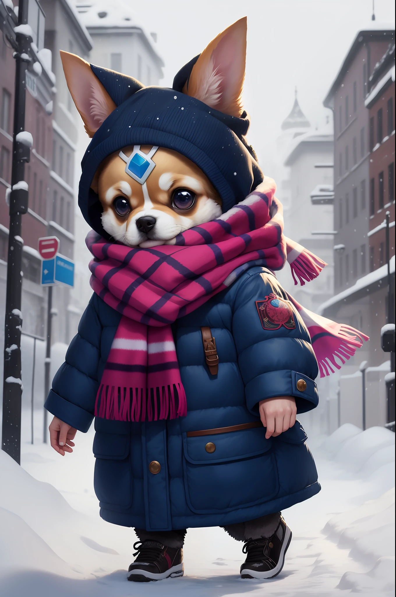 Style-NebMagic, Portrait of a round fluffy baby chihuahua DOG wearing a scarf made of Style-SylvaMagic in the snow, by Ismail Inceoglu, Gazelli, James Jean, Anton Fadeev and Yoshitaka Amano, insanely detailed, 8k resolution, digital art, trends in fashion arts station, vibrant colors, chibi style, a masterpiece, adorable and friendly