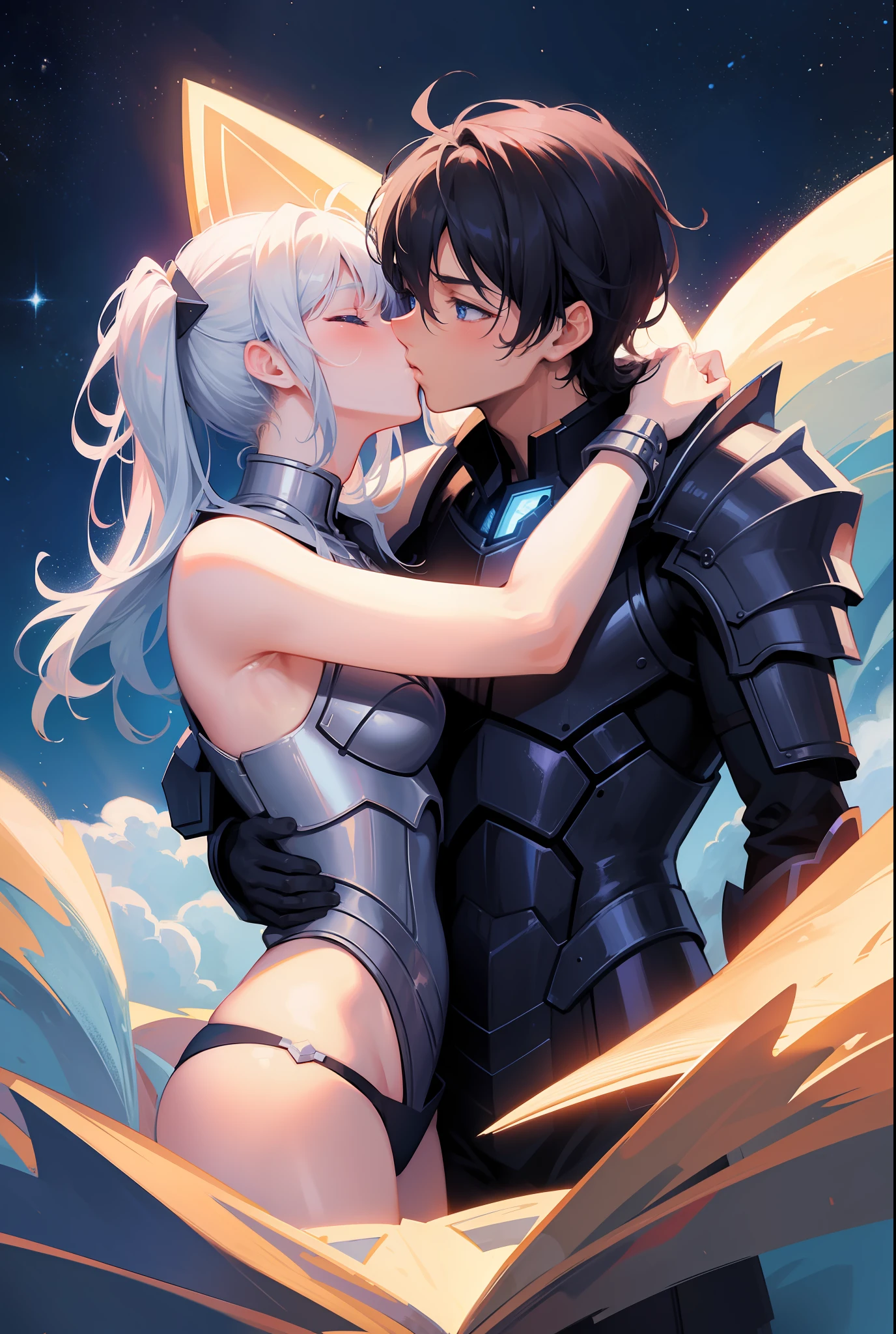 Masterpiece, Awesome, Illustration, 8K resolution, cinematic light, girl, boy, kiss, hug, armor, stars, love, dazzling