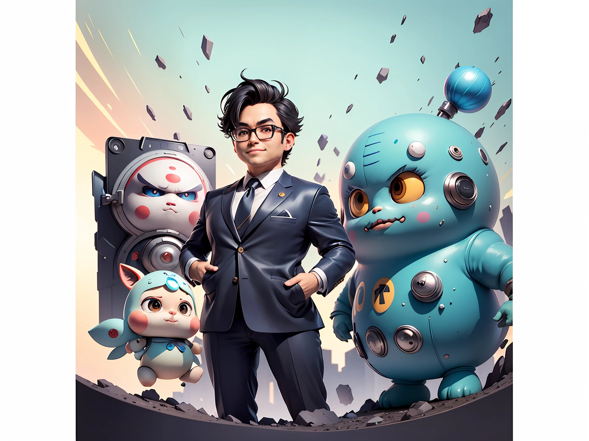 Masterpiece), (Excellent), (Super Meticulous), (Full Body: 1.2), Super Young Woman, Beautiful, Sexy, Bursting, Oriental Face, TV Anchor, Bust Portrait Illustration, Alone, Black Suit, Blue Tie, Silver Glasses, Slightly Chubby Face, Very Clean Face, No Beard, Black Super Short Hair, Black Eyes, Confident Smile, 3c Computer Sub-Products, iPad, iPhone, Digital Painting, 3D Character Design by Akira Toriyama with Mark Claireden and Pixar and Hayao Miyazaki, The illustration is a high-definition illustration in 4K resolution with very detailed facial features and cartoon-style visuals.
