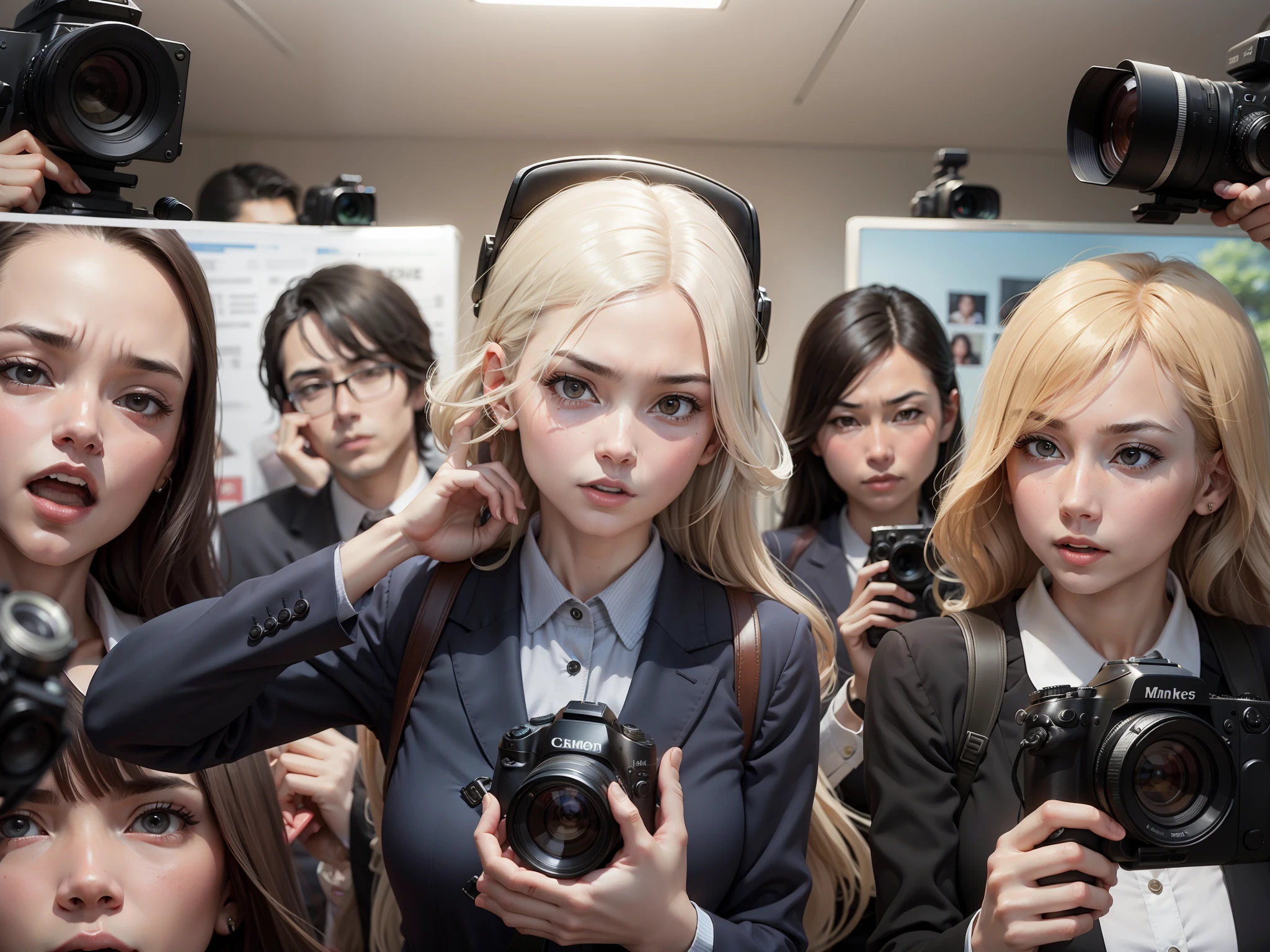 The reporters discussed together, liked facial expressions, and held cameras
