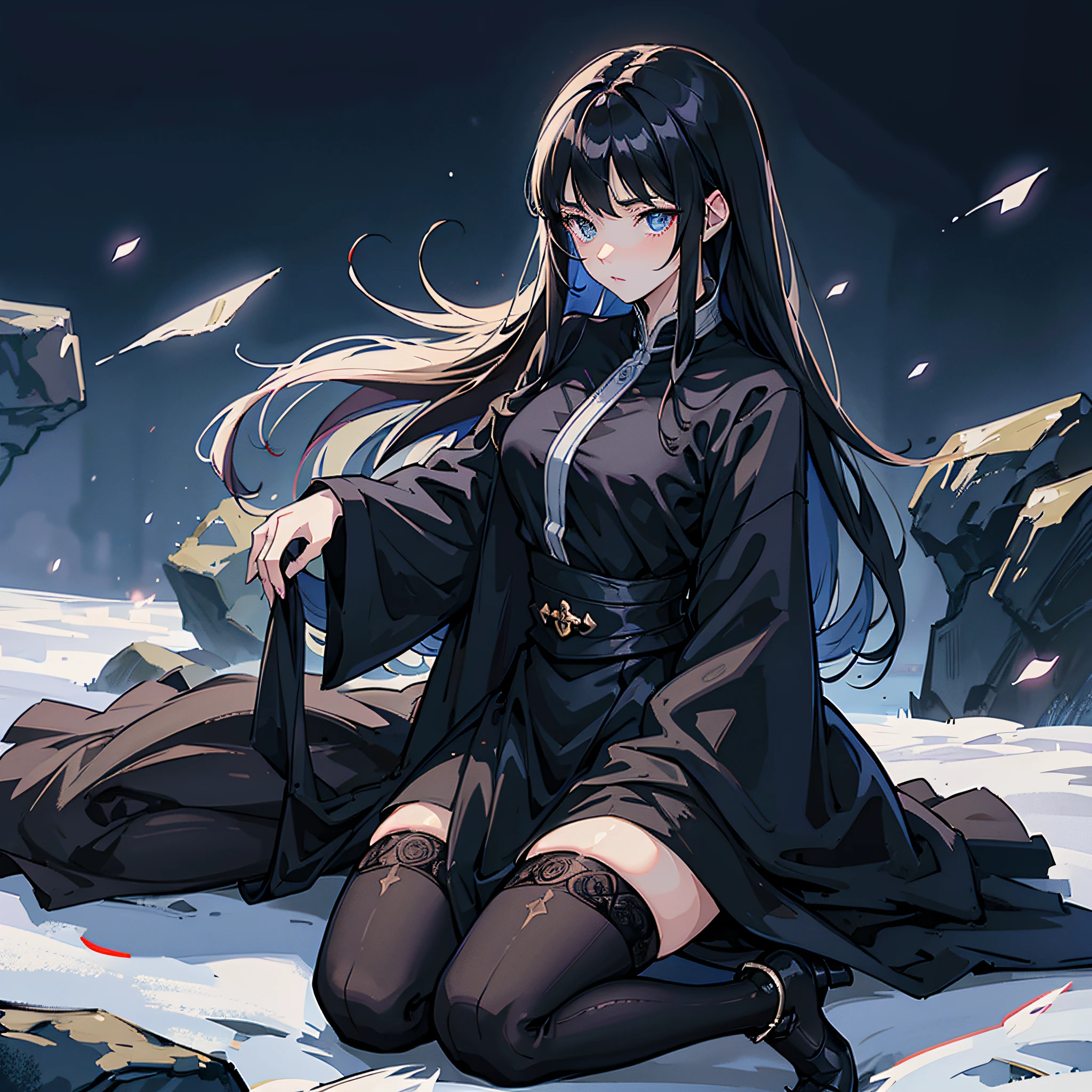 High quality, anime style, black hair, blue eyes, black silk, period costume, high cold, kneeling posture, royal sister, bangs, tight, breeze, exposed --auto --s2