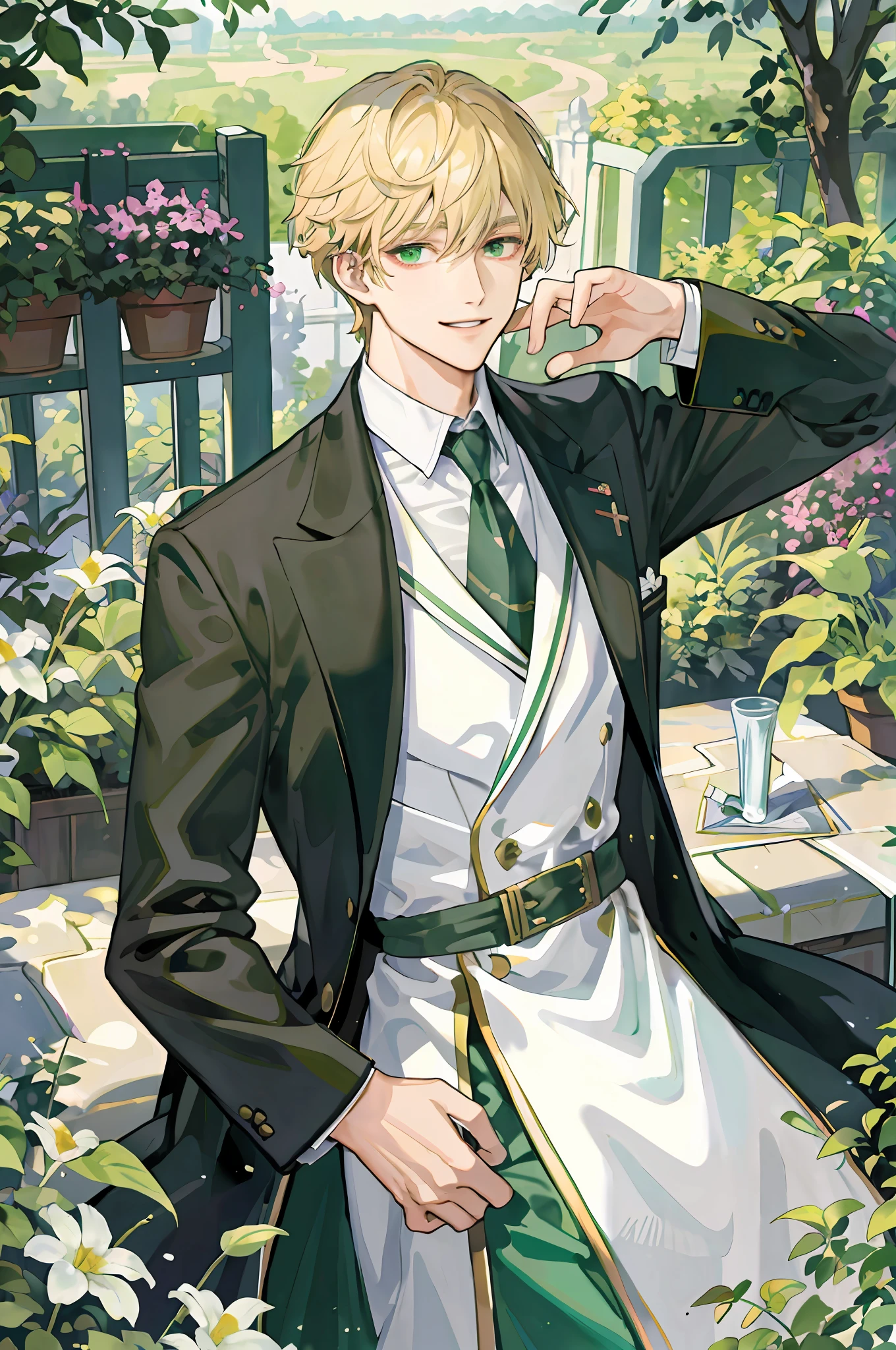 ((Masterpiece:1.2, best quality)), 4K, Adult, Single, Male, Royal, Aristocrat, Very tall, Bangs, Short straight blonde hair, Green eyes, Smile, Face, Portrait, School uniform, Garden