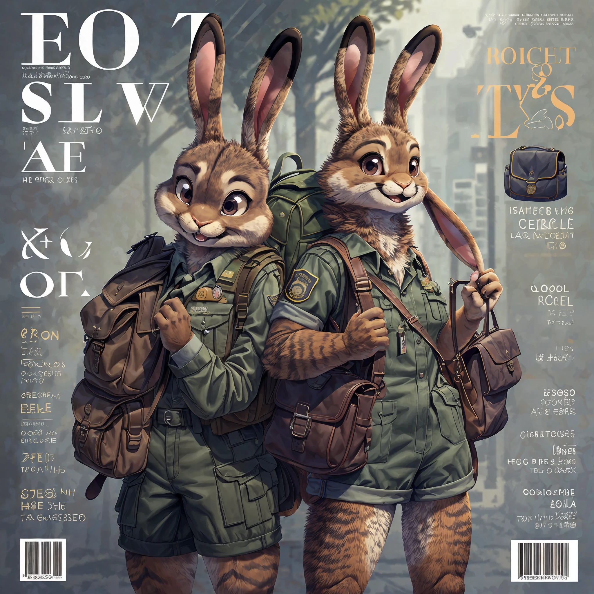 super fine illustration, best quality, magazine cover, upper body, contrapposto, backpack, badge, bag, bag charm, bookbag, handbag, pocket, pouch(Highly Detailed Beautiful Face and Eyes) absurdres, Perfect Anatomy((furry girl))(((furry)))(furry anthro:1.7)((rabbit Facial Features, rabbit Body Features))((rabbit ears, Highly Detailed Body Fur))joyful smile,