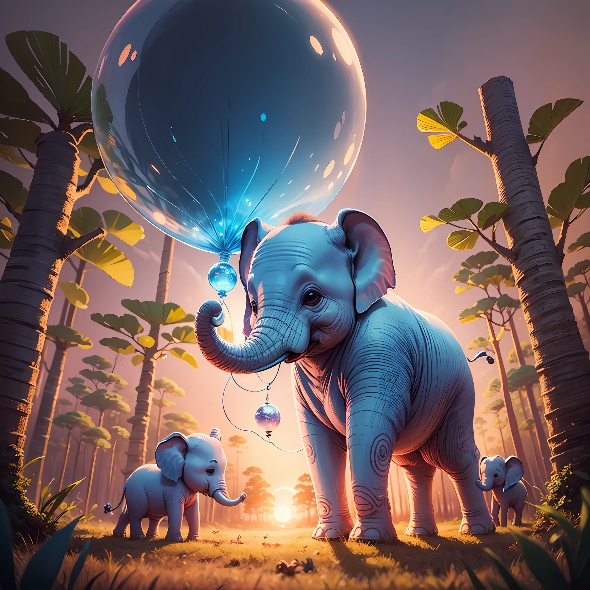 elephant, magic forest, blue balloon in background, children's illustration, cartoon, artstion, sunset lighting, best illustration --auto --s2
