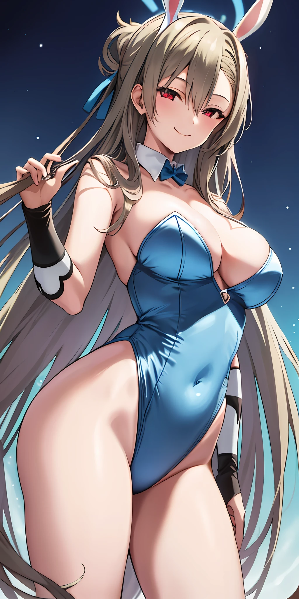 1girl, solo, asuna, long hair, large breasts, (blue bunnysuit), standing, smiling, (glowing red eyes), night
