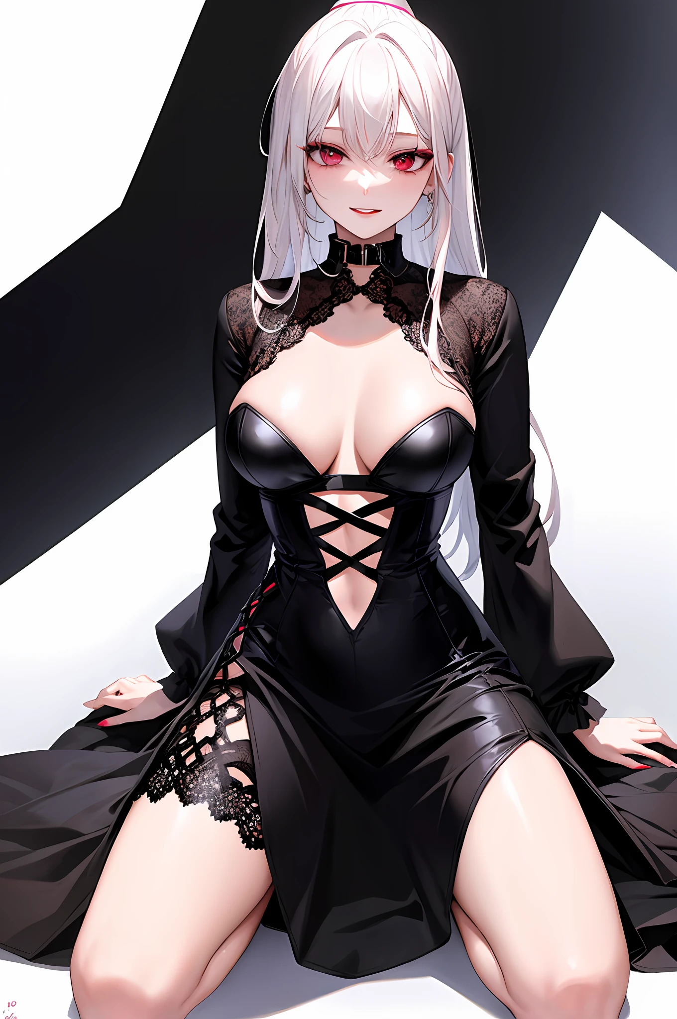 SLE, mksks style, Top quality, Masterpiece, Detailed background, Highly detailed, intricate and detailed face, Long eyelashes, Detailed eyes, (Adult female, Sting: 1.1), (Hyponytail: 1.3), (Thigh thickness: 1.0), (Large: 1.3), (White background: 1.3), (Solo: 1.3), (Red eye: 1.3), (White hair and black mesh: 1.2), (disheveled hair: 1.1), (Red collar: 1.2) , (thick lips, pink lips: 1.3), (pink eyeshadow: 1.2), (moisturized eyes), open legs, best smile, mouth wide open, cheeks red, full body, drooling, sheer, slim, underwear
