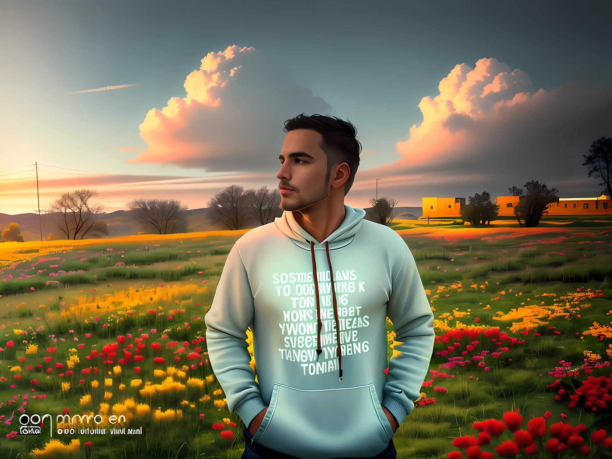 Illustration,there is a man standing in a field of flowers wearing a hoodie, illustration standing in a flower field, standing in flower field, in a field, wearing a hoodie and flowers, in a field with flowers, standing in a field with flowers, illustration standing in a field, in the middle of a field, with flower fields as foreground, standing in a barren field, illustration