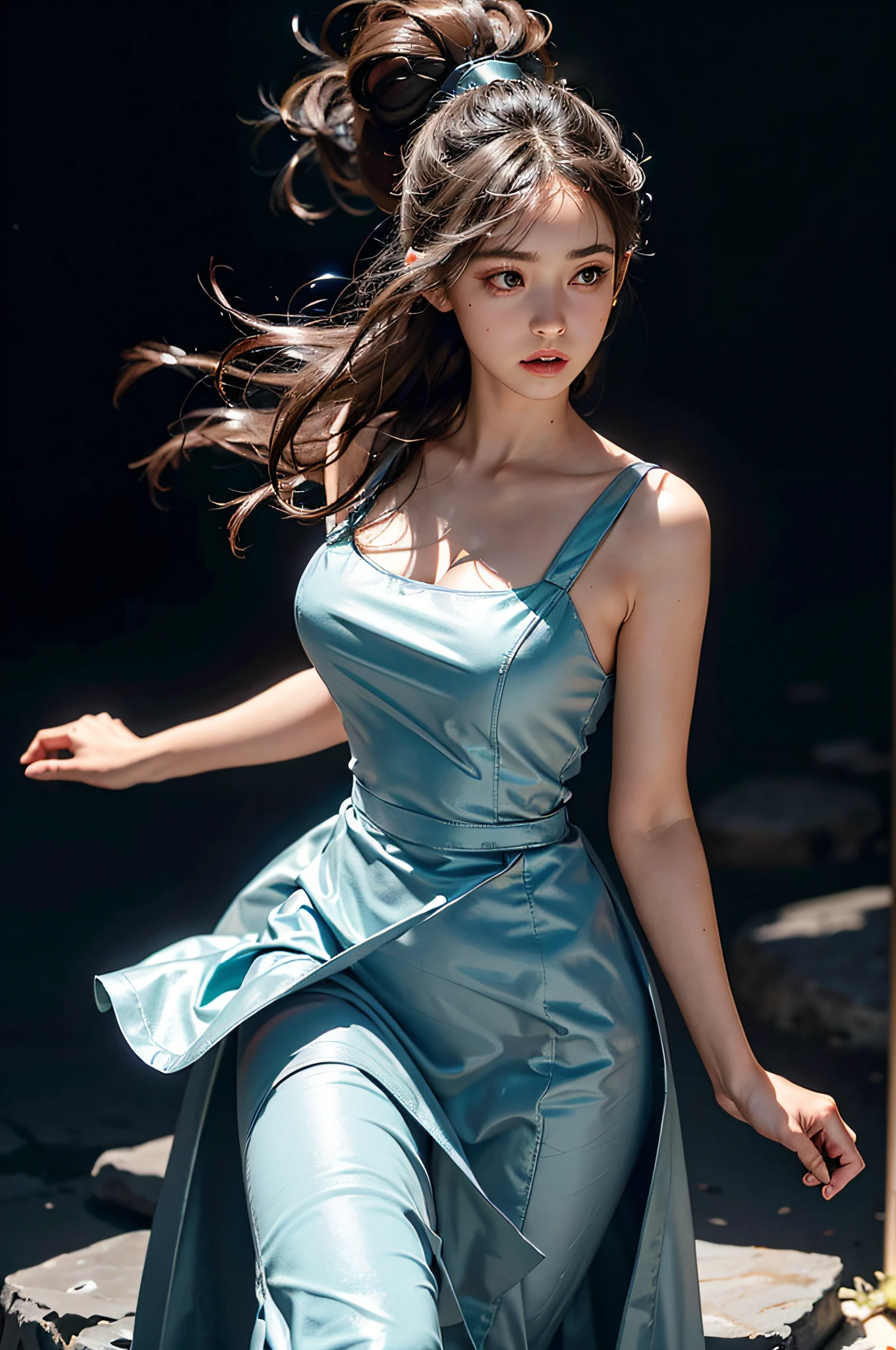(Skindentation), Solo, Realistic, Best Quality, Photorealistic, Masterpiece, 8K, High Resolution, Solo, Highly Detailed Face, 30-year-old woman, (High Top Fade: 1.3), long hair, dark theme, soothing tones, muted colors, high contrast, (natural skin texture, hyper-realism, soft light, sharp), elegant, full-body, ((Big: 1.5)), dress, ((lunar)),((blue earth visible in outer space))