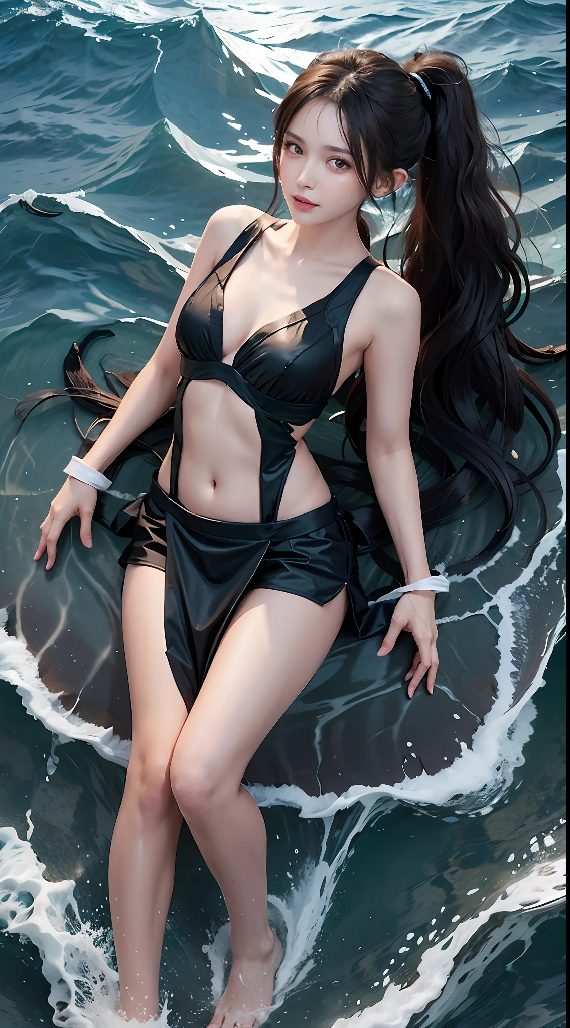 Sea elf, choppy waves, terrifying waves, body only wrapped by waves, full body, bare shoulders, bare waist, long ears, black hair, ponytail, blush, hot, wet, deep sea display panel, 4k picture quality, ultra-clear picture quality, correct hands and feet, delicate skin, slim, golden ratio body