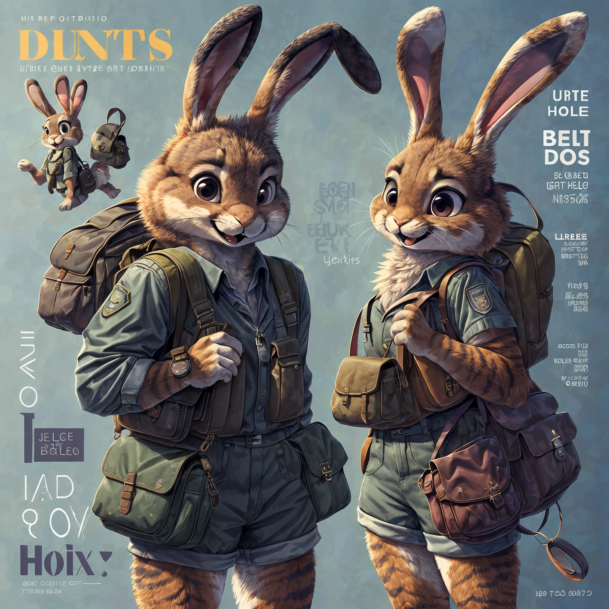 super fine illustration, best quality, magazine cover, upper body, contrapposto, backpack, badge, bag, bag charm, bookbag, handbag, pocket, pouch(Highly Detailed Beautiful Face and Eyes) absurdres, Perfect Anatomy((furry girl))(((furry)))(furry anthro:1.7)((rabbit Facial Features, rabbit Body Features))((rabbit ears, Highly Detailed Body Fur))joyful smile,