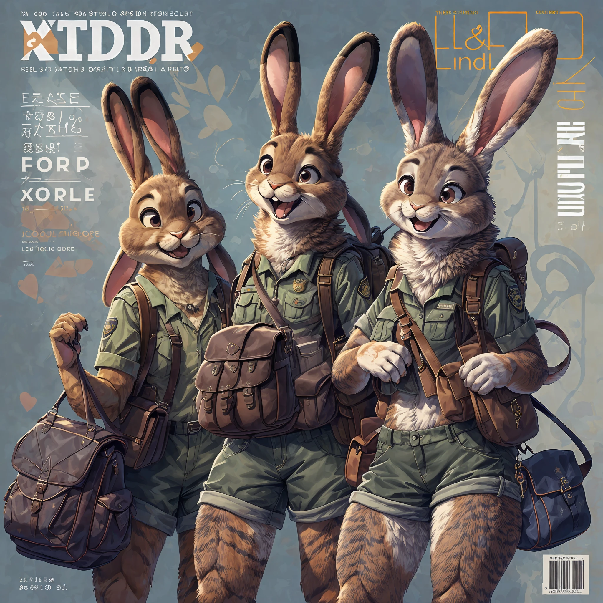 super fine illustration, best quality, magazine cover, upper body, contrapposto, backpack, badge, bag, bag charm, bookbag, handbag, pocket, pouch(Highly Detailed Beautiful Face and Eyes) absurdres, Perfect Anatomy((furry girl))(((furry)))(furry anthro:1.7)((rabbit Facial Features, rabbit Body Features))((rabbit ears, Highly Detailed Body Fur))joyful smile,