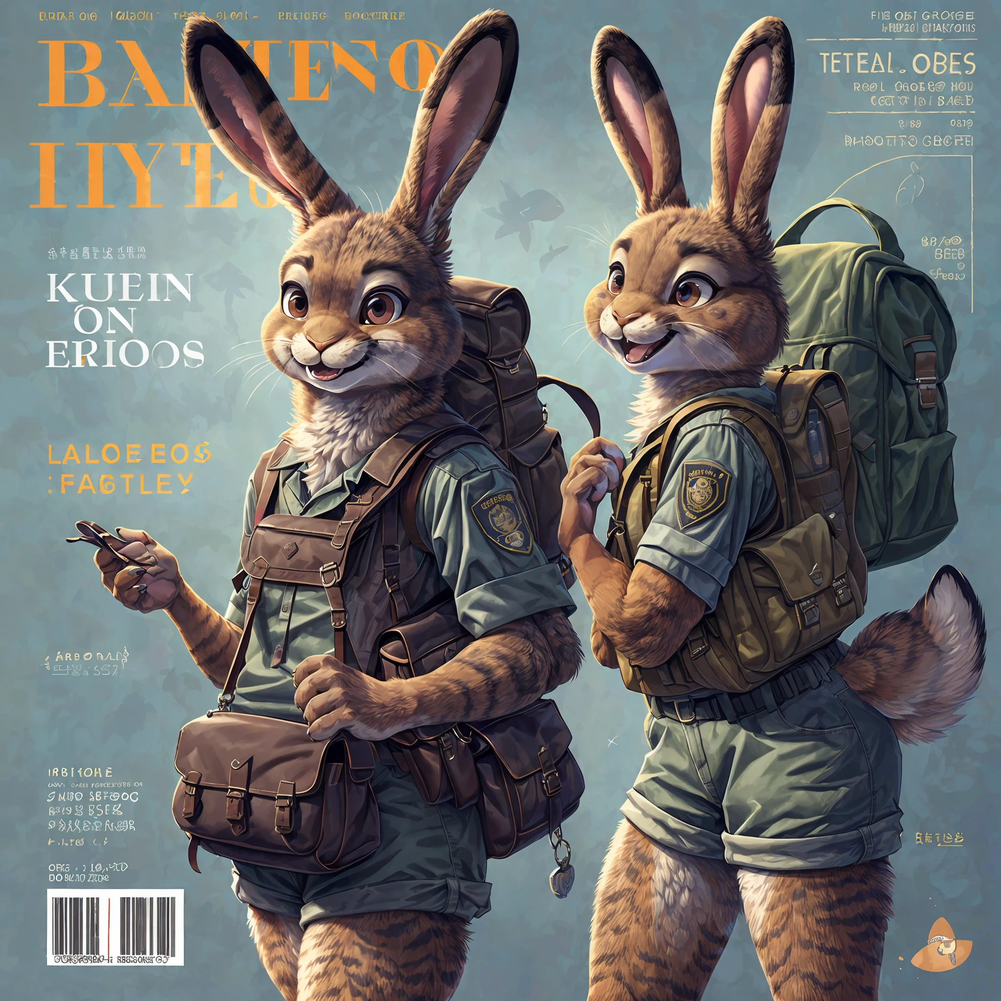 super fine illustration, best quality, magazine cover, upper body, contrapposto, backpack, badge, bag, bag charm, bookbag, handbag, pocket, pouch(Highly Detailed Beautiful Face and Eyes) absurdres, Perfect Anatomy((furry girl))(((furry)))(furry anthro:1.7)((rabbit Facial Features, rabbit Body Features))((rabbit ears, Highly Detailed Body Fur))joyful smile,