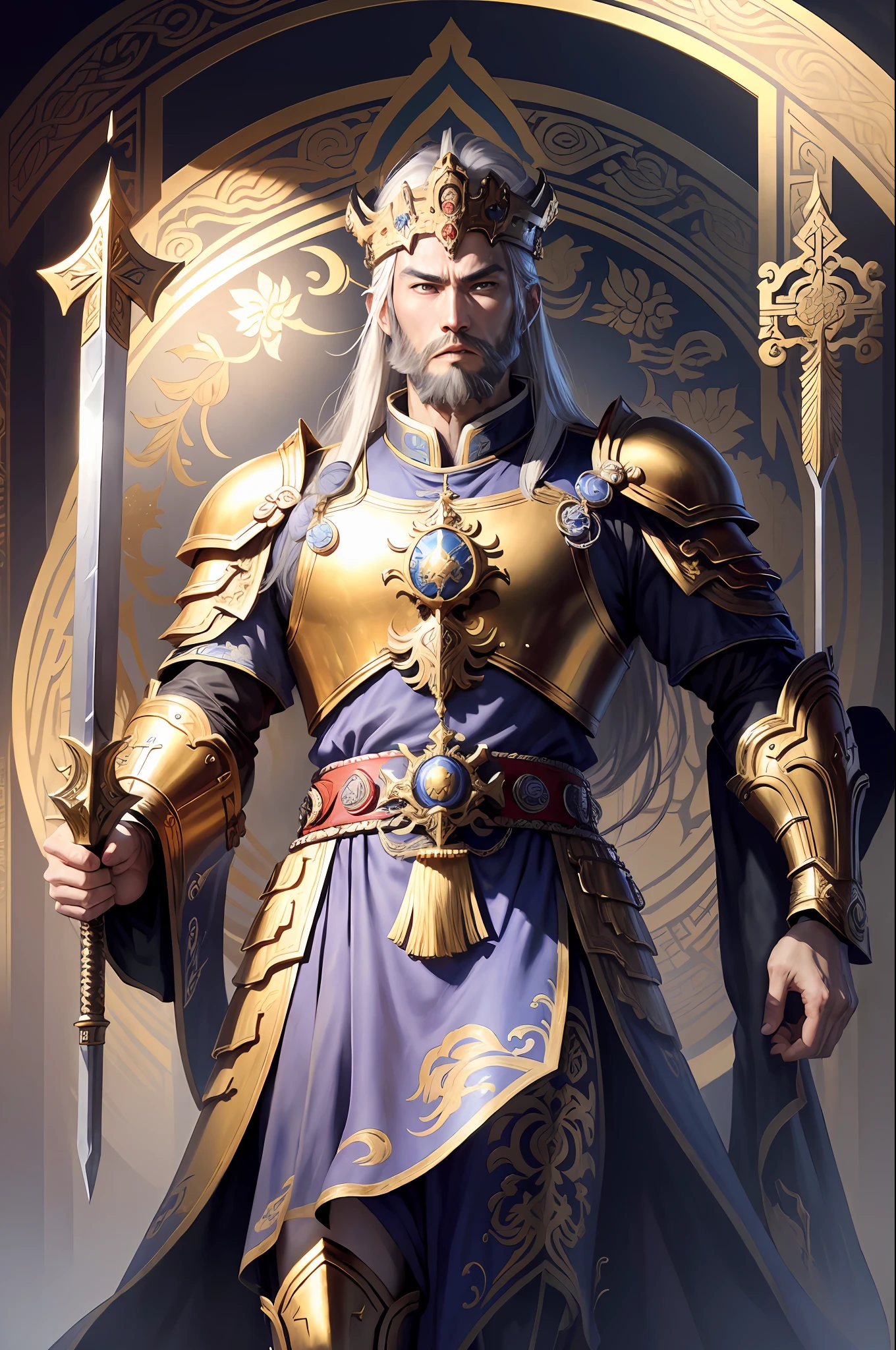 ((Best Quality)), ((Masterpiece)), (detailed), Depiction of the Yellow Emperor of Ancient Chinese Mythology, (Mythology: 1.2), (Majestic Appearance: 1.1), (Xuanyuan Sword in Hand: 1.2), Flowing Beard and Hair, Muscular Physique, Wearing a Crown Made of Gold, Mount Meru, (Terran Emperor Realm: 1.1), (Powerful Being: 1.2), (Terran Emperor: 1.1), (Divine Aura: 1.1), (Human Emperor Armor: 1.1), 8k resolution.