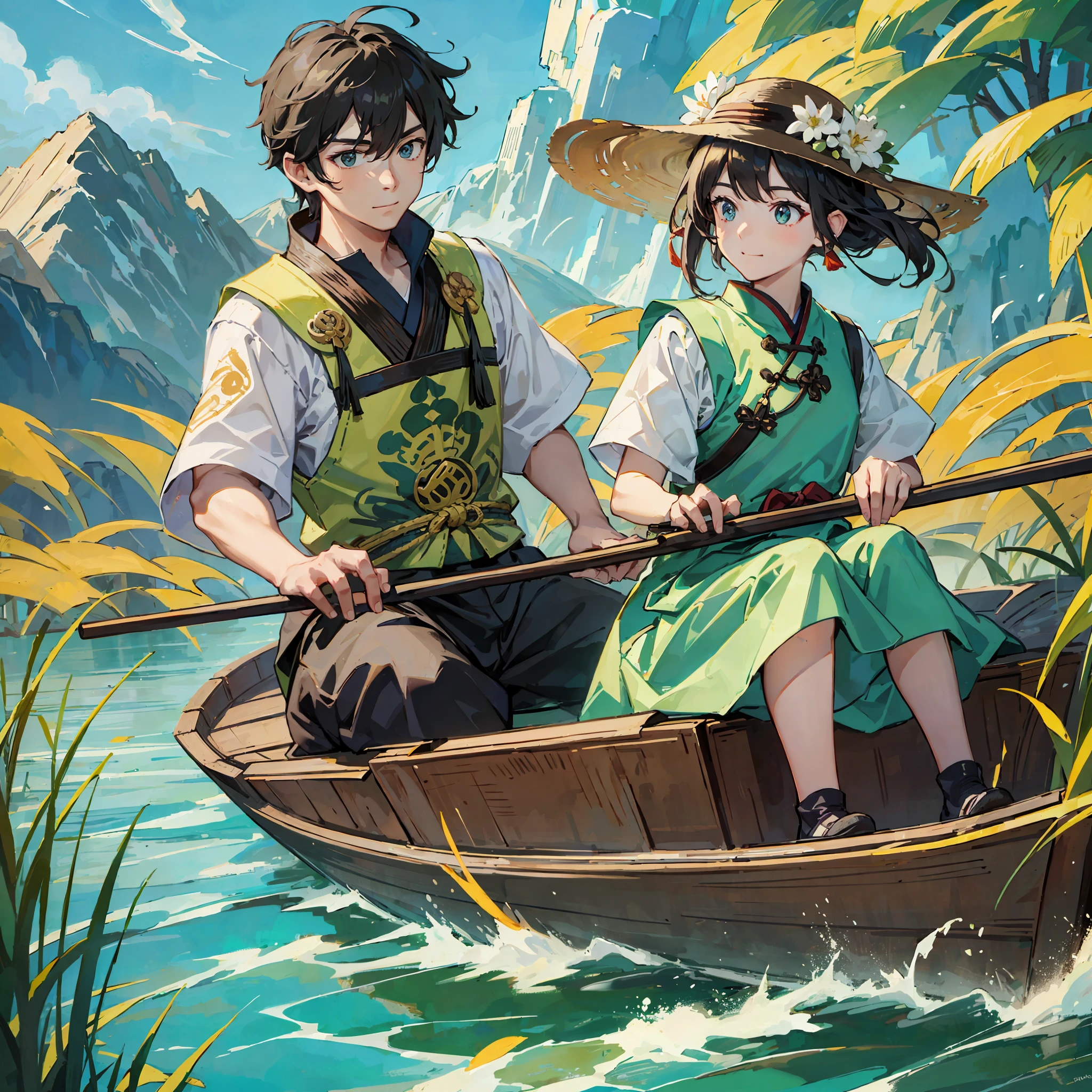 Dragon Boat Festival, Chinese Festival, several super cute ancient Chinese boys and girls are rowing a dragon boat, happy expression, mountains, spring reeds bright light, pale green and yellowish surrealism, clear contour light, edge light fantasy Dappdlight flat illustration, Disney style, 8k--ar9:16---S1000-niji5 --auto --s2