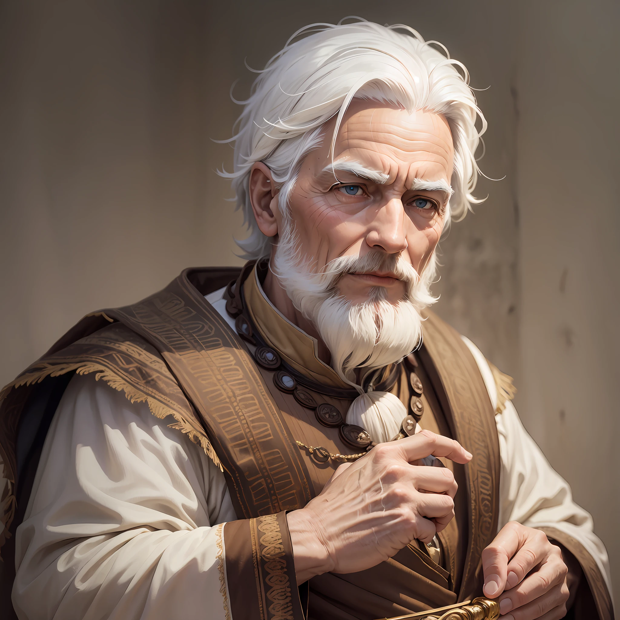 CREATE A WISE MAN, NO BEARD, WITH WHITE HAIR, 60 YEARS OLD, IN LIGHT BROWN CLOTHES, --auto --s2