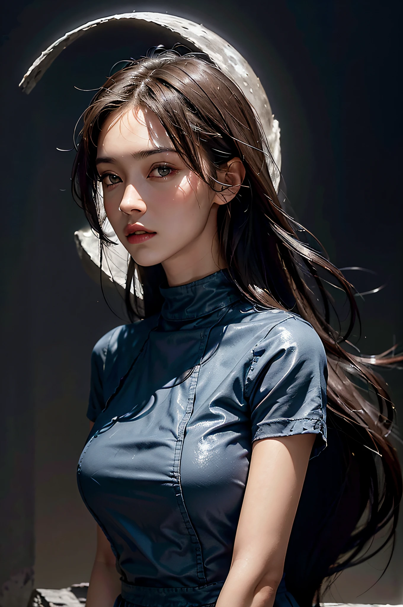 (Skindentation), Solo, Realistic, Best Quality, Photorealistic, Masterpiece, 8K, High Resolution, Solo, Highly Detailed Face, 30-year-old woman, (High Top Fade: 1.3), long hair, dark theme, soothing tones, muted colors, high contrast, (natural skin texture, hyper-realism, soft light, sharp), elegant, full-body, ((Big: 1.5)), dress, ((blue earth visible from the moon))