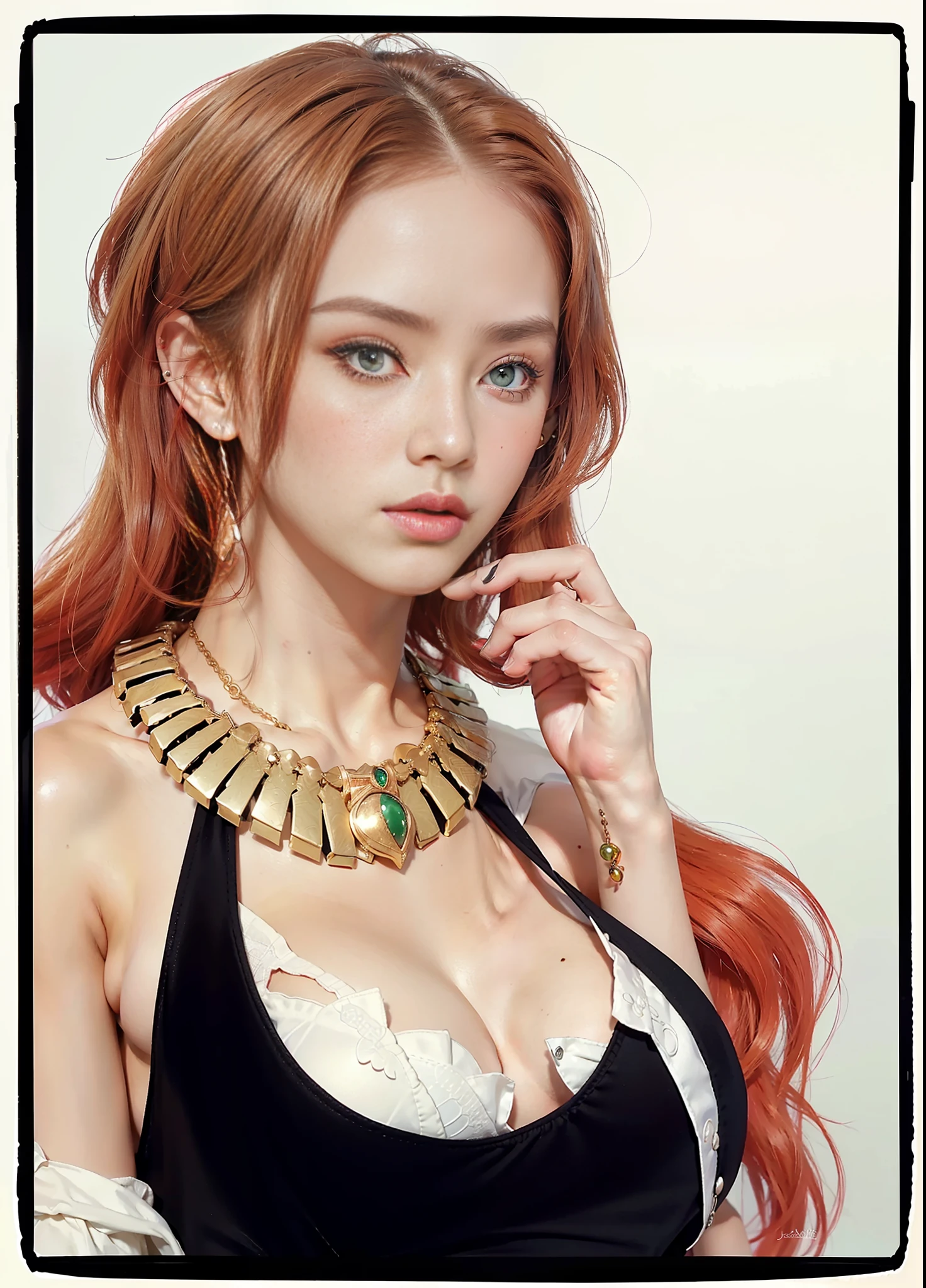 (female:1.2) (bodybuilder:0.8), hyper realistic, masterpiece, photorealistic, real skin, detailed face, detailed skin, detailed lighting, 1women, (green eyes), long hair, (red hair), large breasts, seductive face, earring, necklace, leotards, ((exotic skin)), (african girl) , black skin, brown skin, black dress, black gloves, thigh, seductive pose