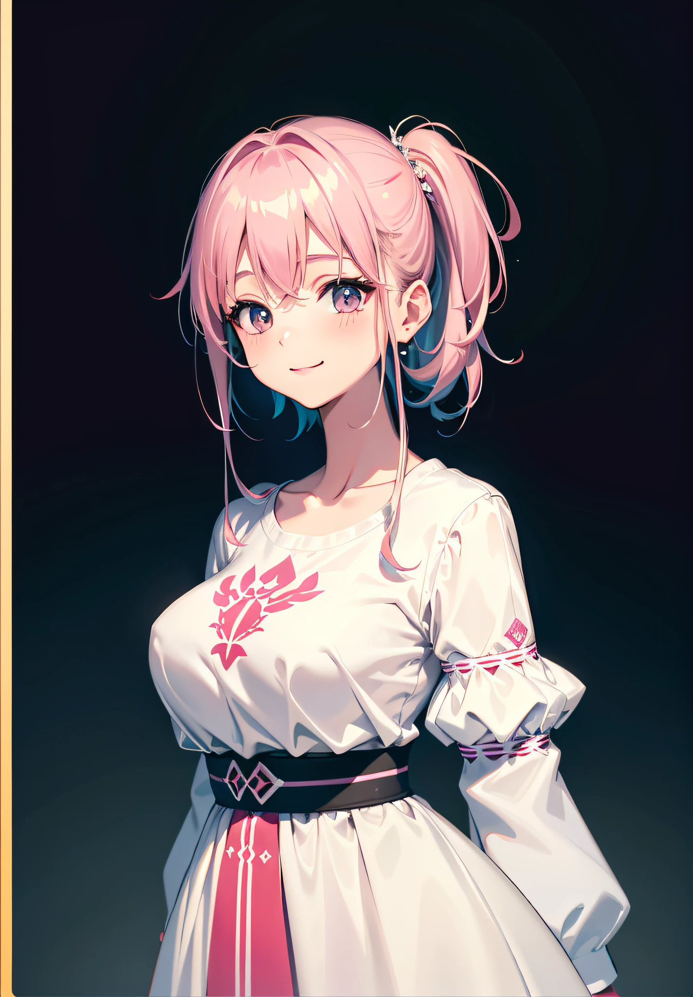 1 girl, exquisite picture, best quality, best masterpiece, delicate facial features, normal proportions, 4K quality, full proportions, smile, refreshing background, black hair, big plump body, clear line contours, full body photo, pink hair